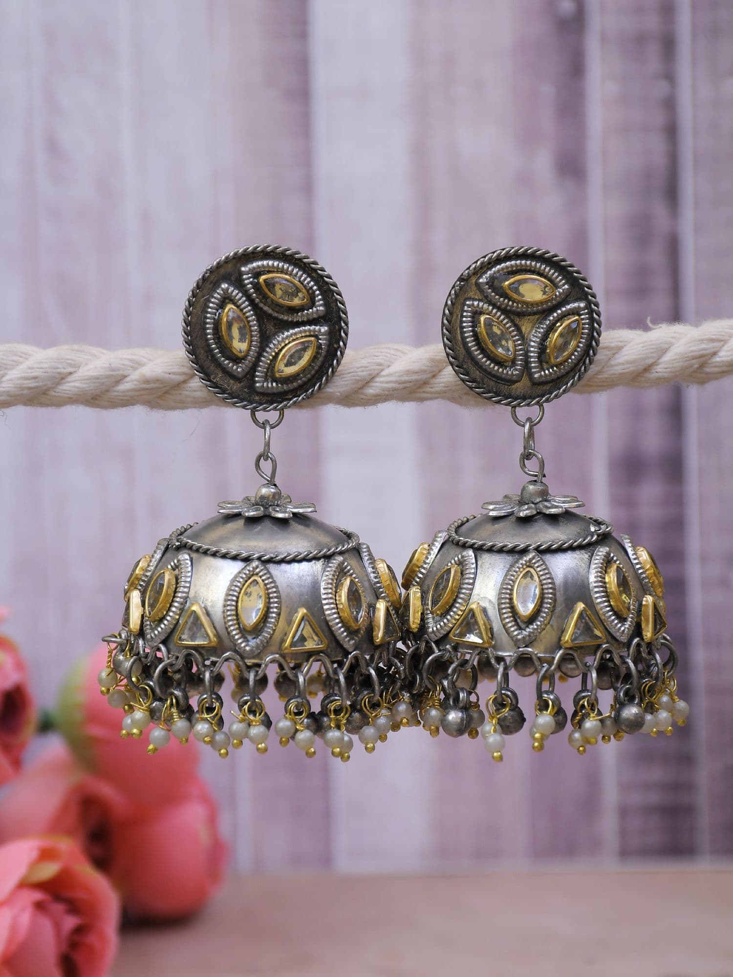 Oxidised Silver Jhumka Earrings, Big Traditional Pakistani Design Jewelry