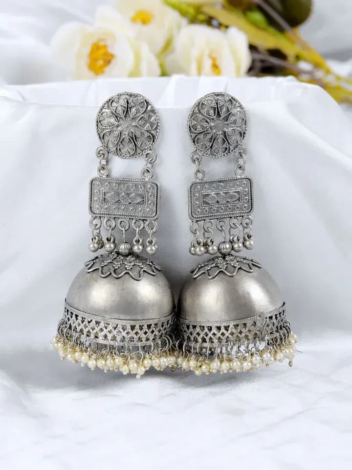 Pakistani Silver Jhumka Earrings - Elegant Oxidised Big Statement Ear Jewelry Collection