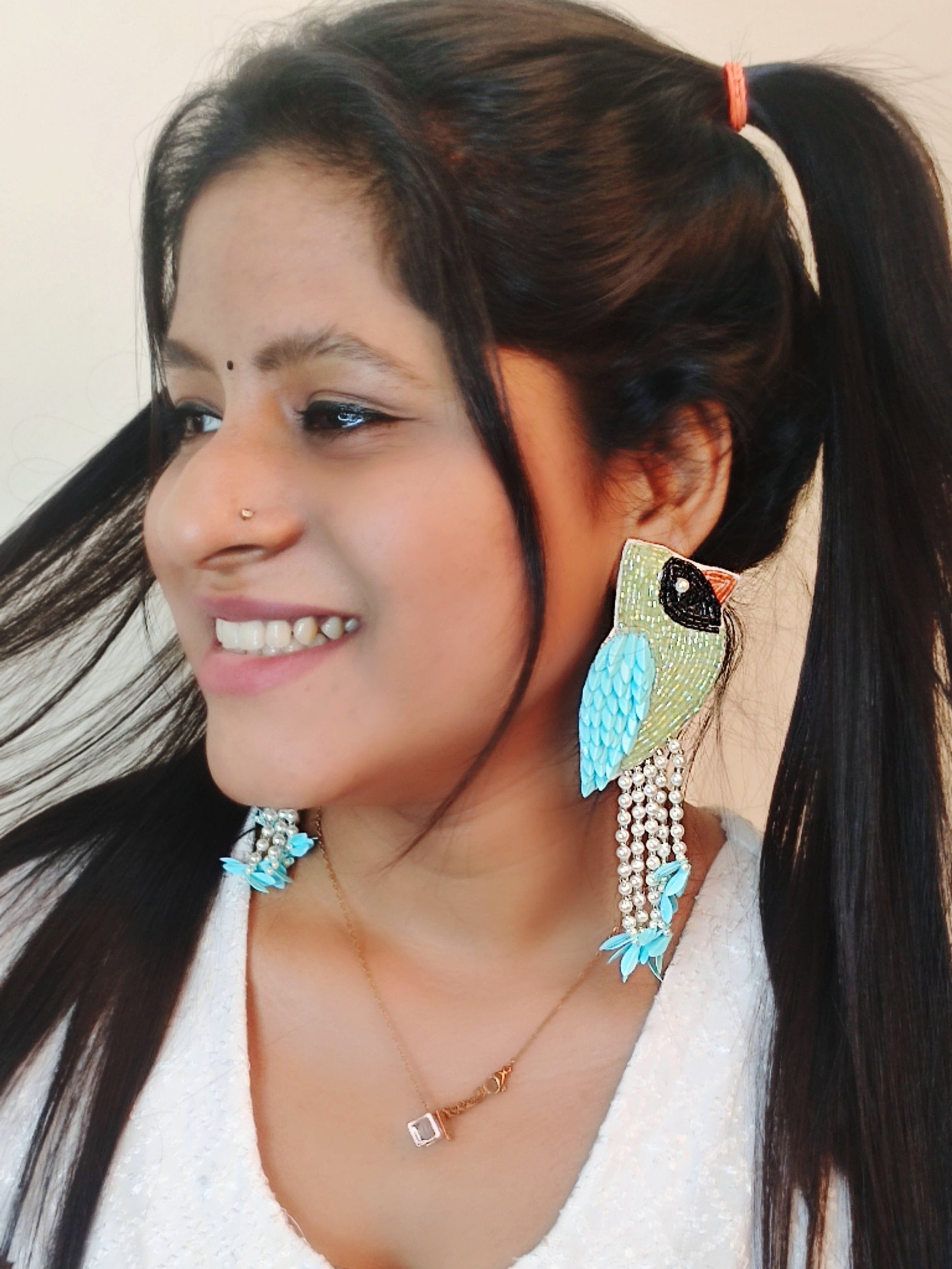 Quirky Handcrafted Bird Earrings: Chic Statement in Pink & Parrot Green