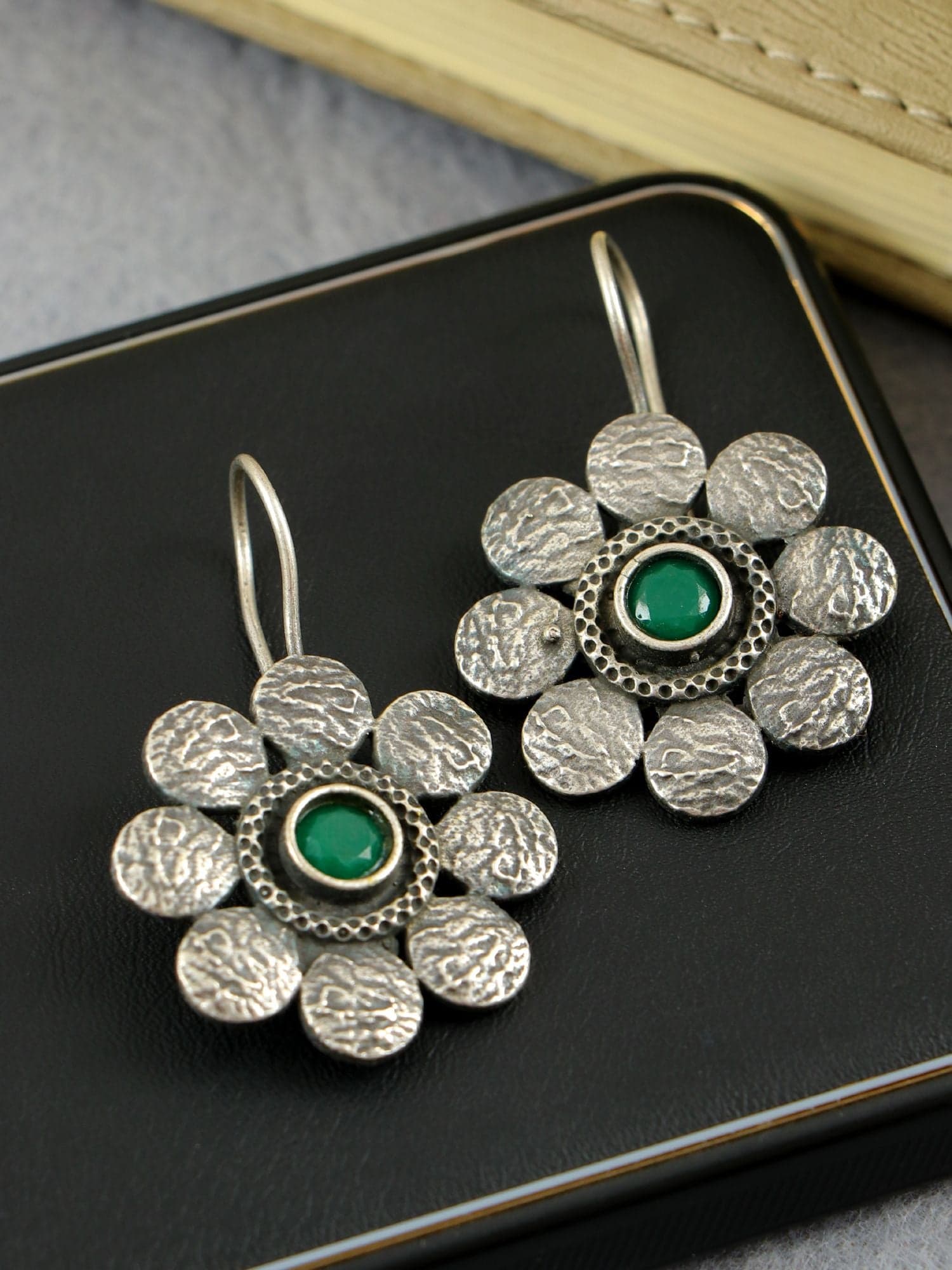 Floral Enchantment Oxidised Silver and Green Stone EveryDay Earrings