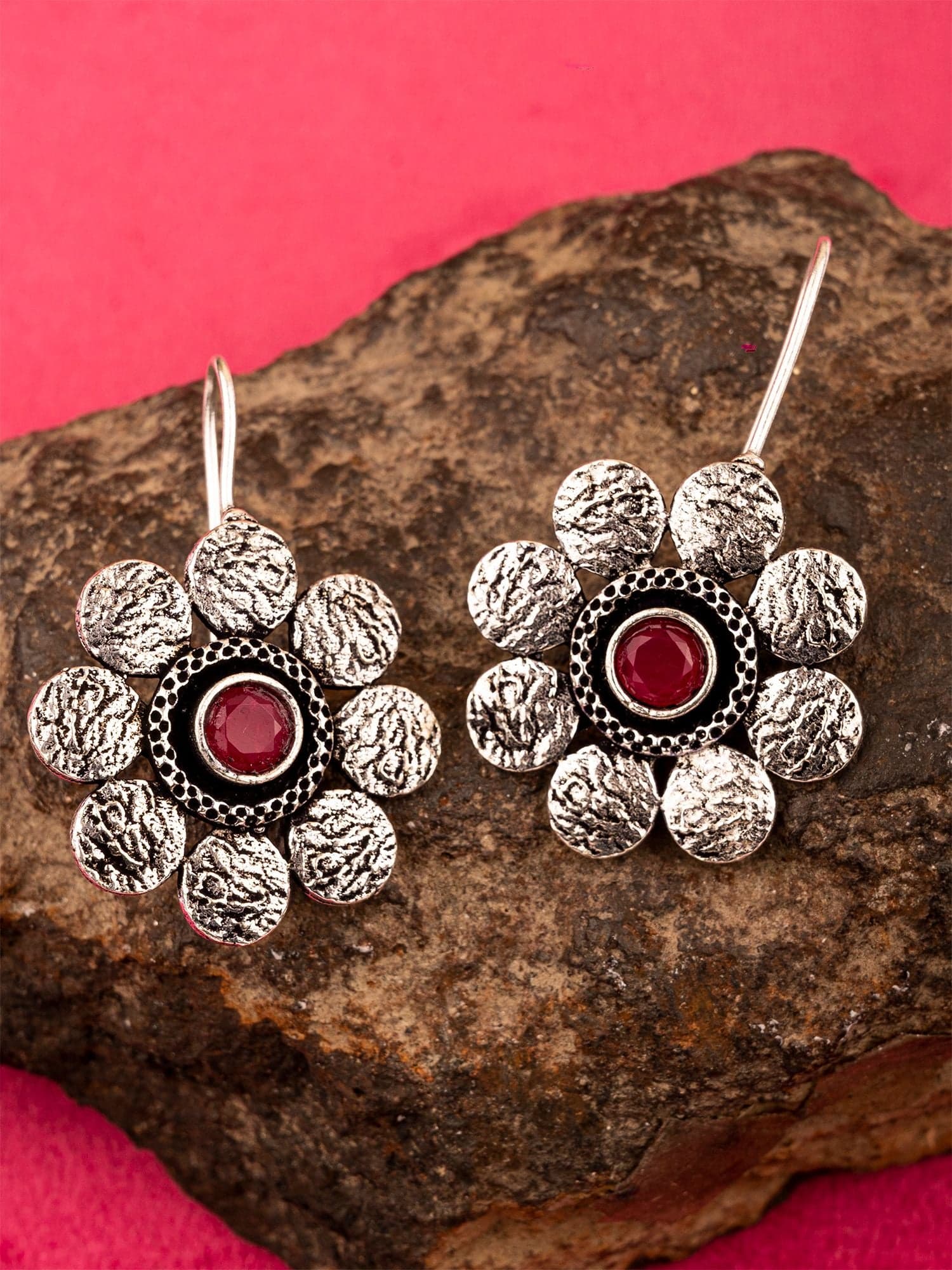 Blossom Charm Oxidized Silver Earrings with Red Crystal Flowers, Gift for Women and Girls