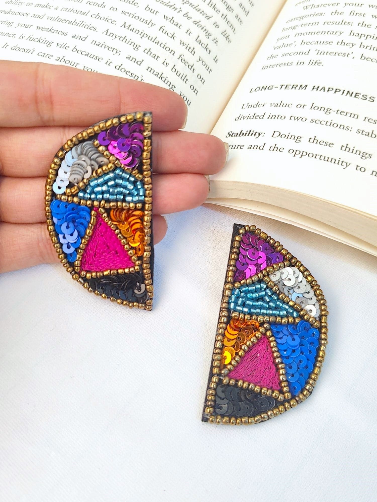 Handmade Multicolored Summer Earrings with Embroidery & Half Cut Pearls, Boho Jewelry