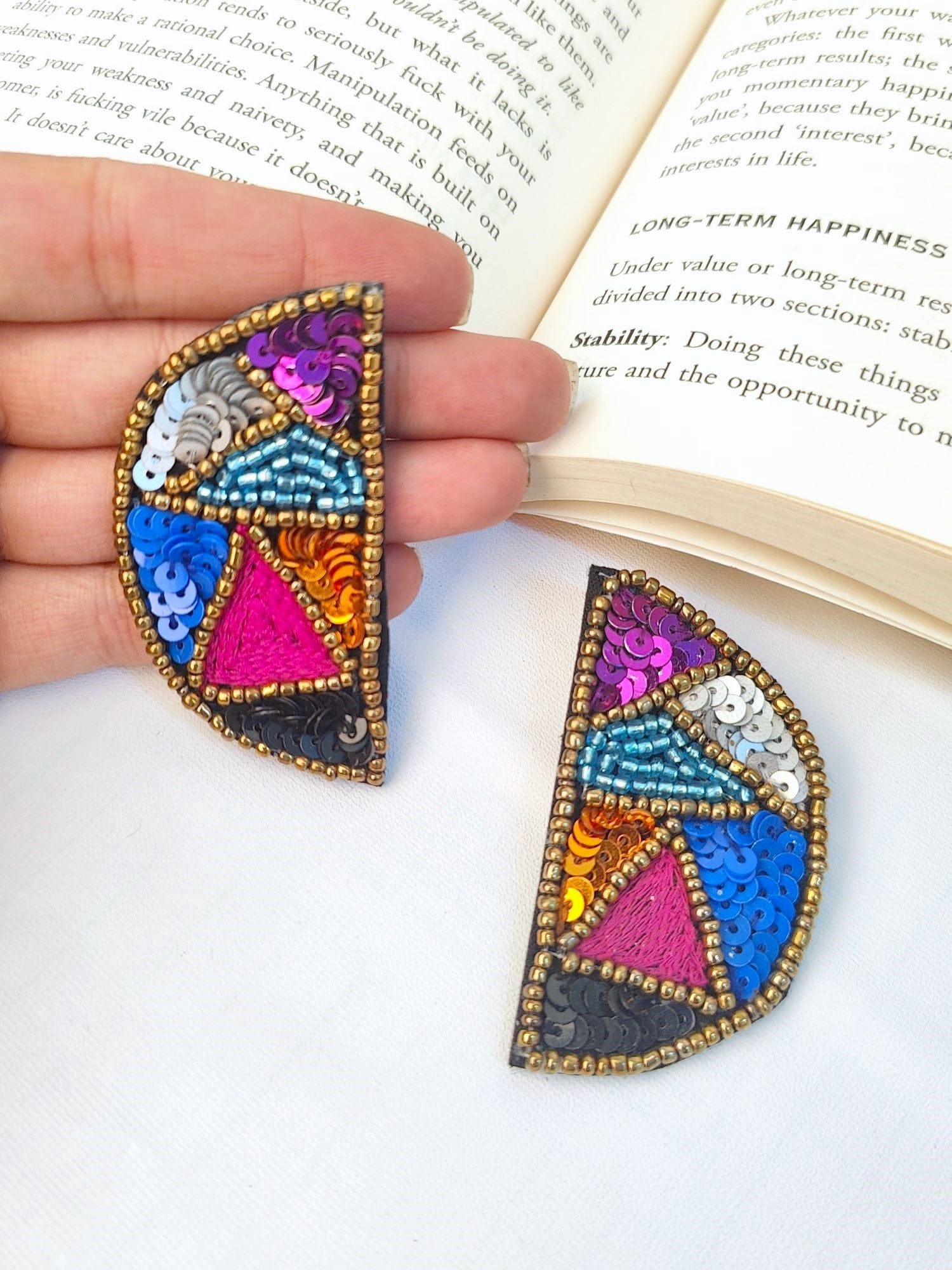 Handmade Multicolored Summer Earrings with Embroidery & Half Cut Pearls, Boho Jewelry