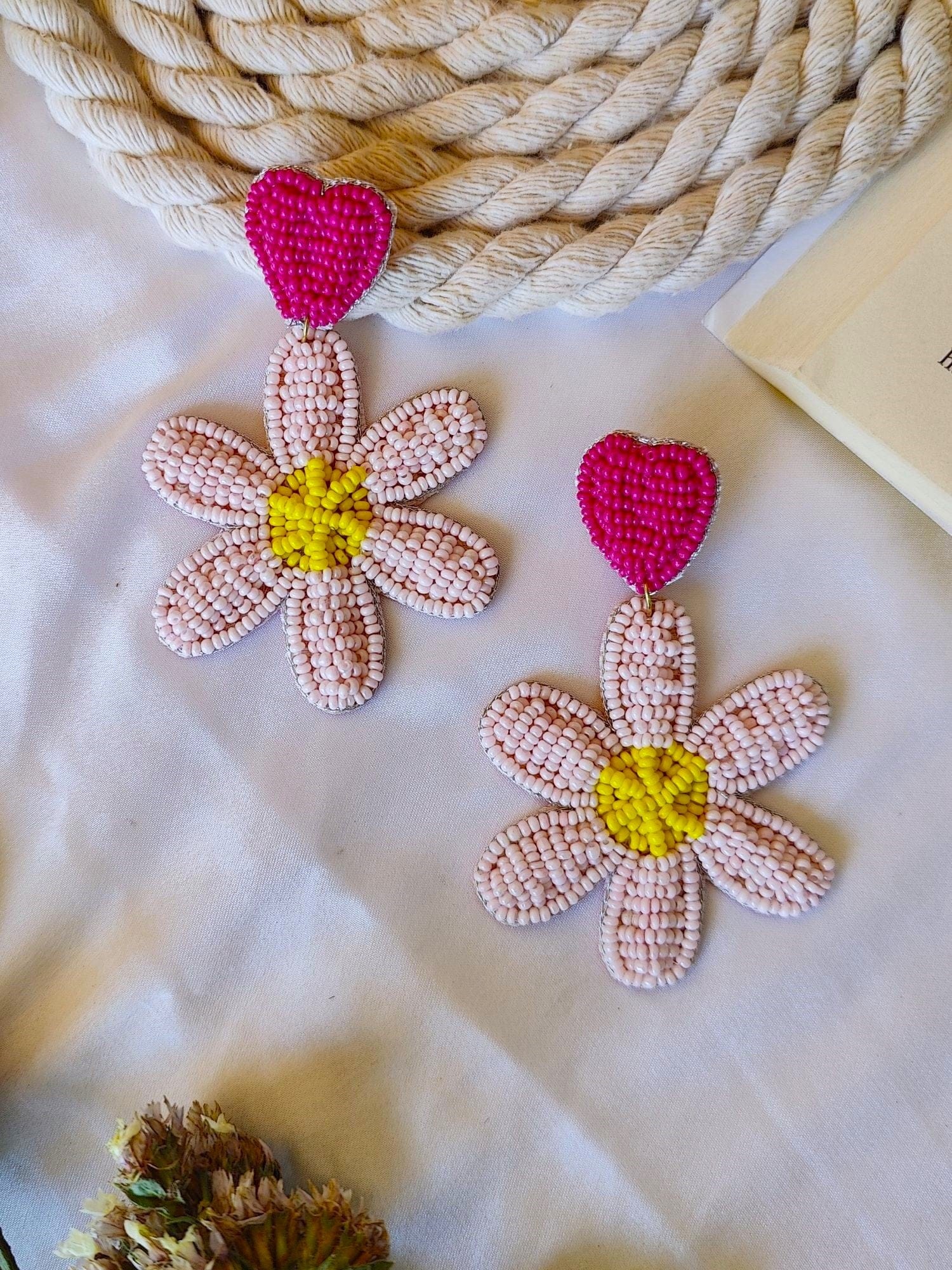 Pink Bloom Handmade Beaded Flower Drop Earrings for Women | Unique Floral Jewelry Gift