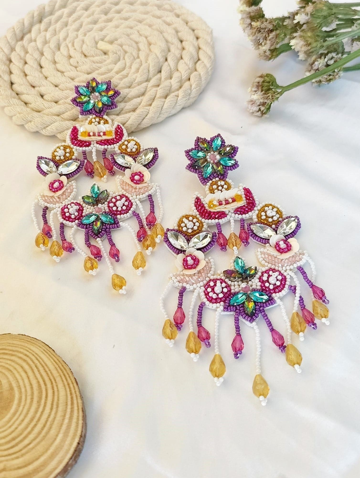 Mohini's Handmade Artistry: Purple Beaded Long-Dangle Earrings