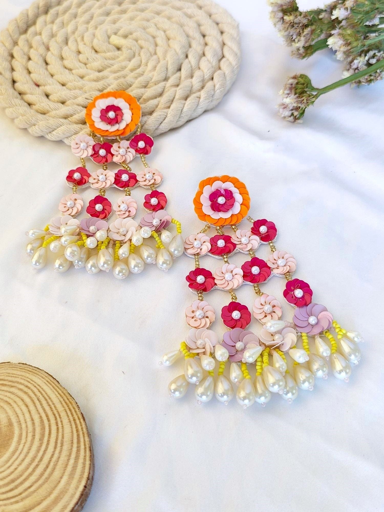 Elegant Pink-Orange Handmade Floral Beaded Earrings for Haldi, Mehndi, Wedding Events