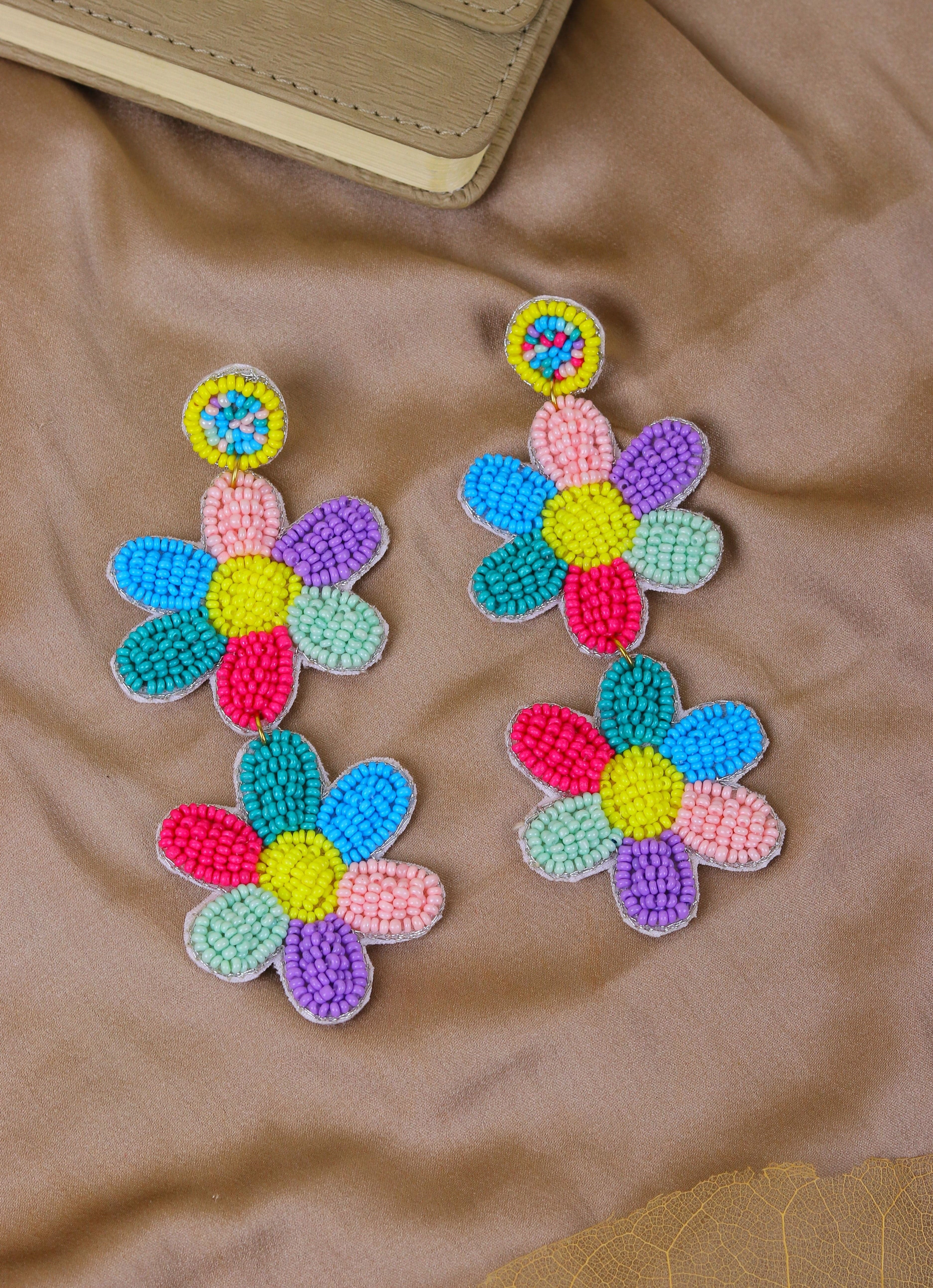 Multicolored Flower Fiesta: Handmade Bead Earrings & Necklace Set