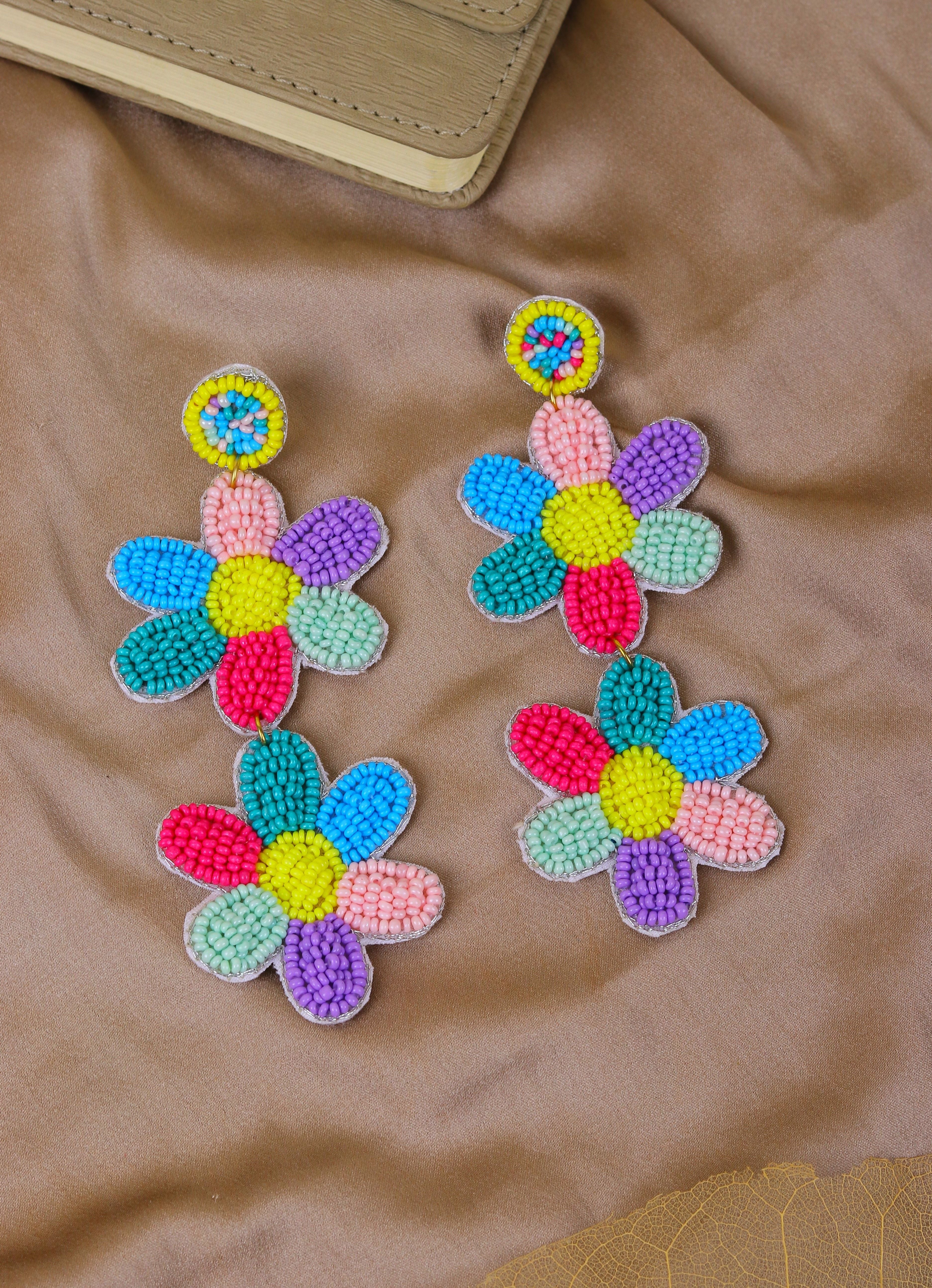 Handcrafted Multicolored Beaded Floral Dangling Earrings
