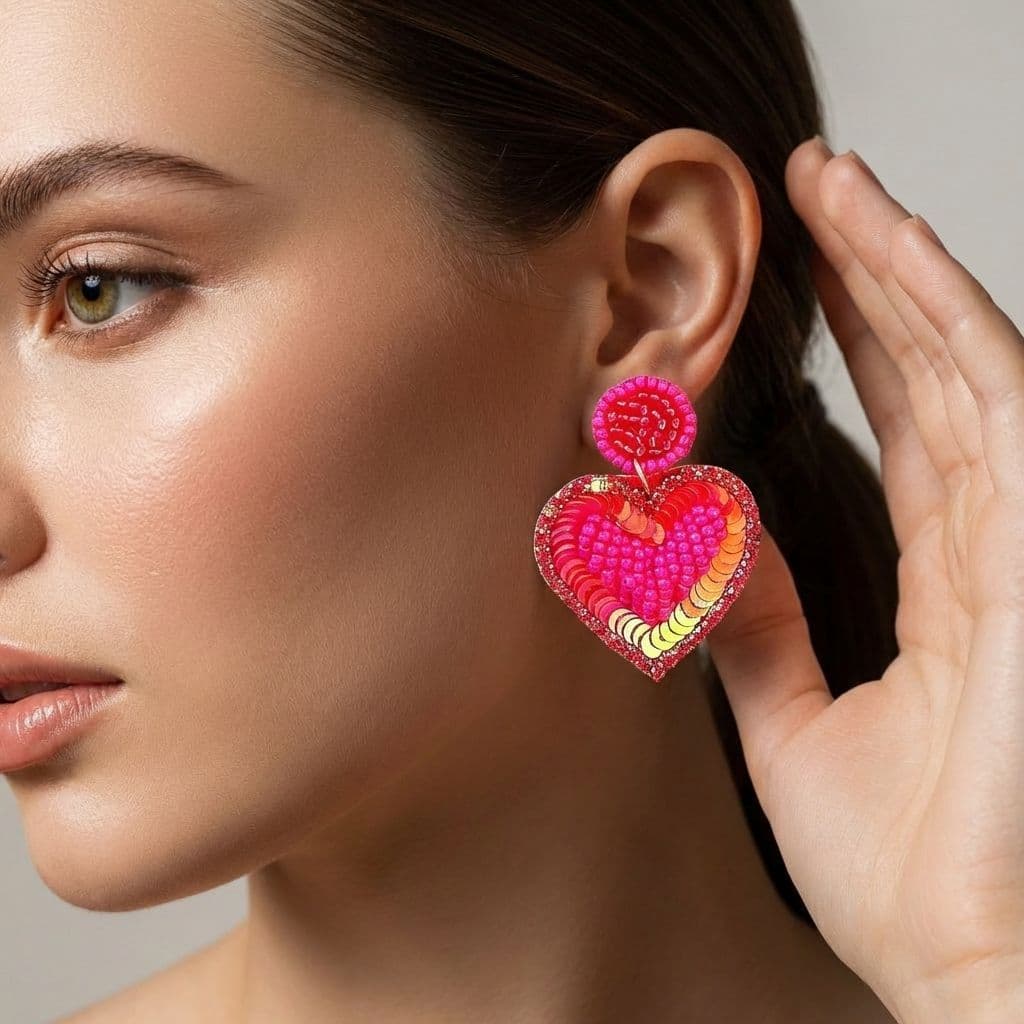 Pink Beaded Tiny Heart Handcrafted Earrings, Cute Summer Jewelry for Women Beach Party