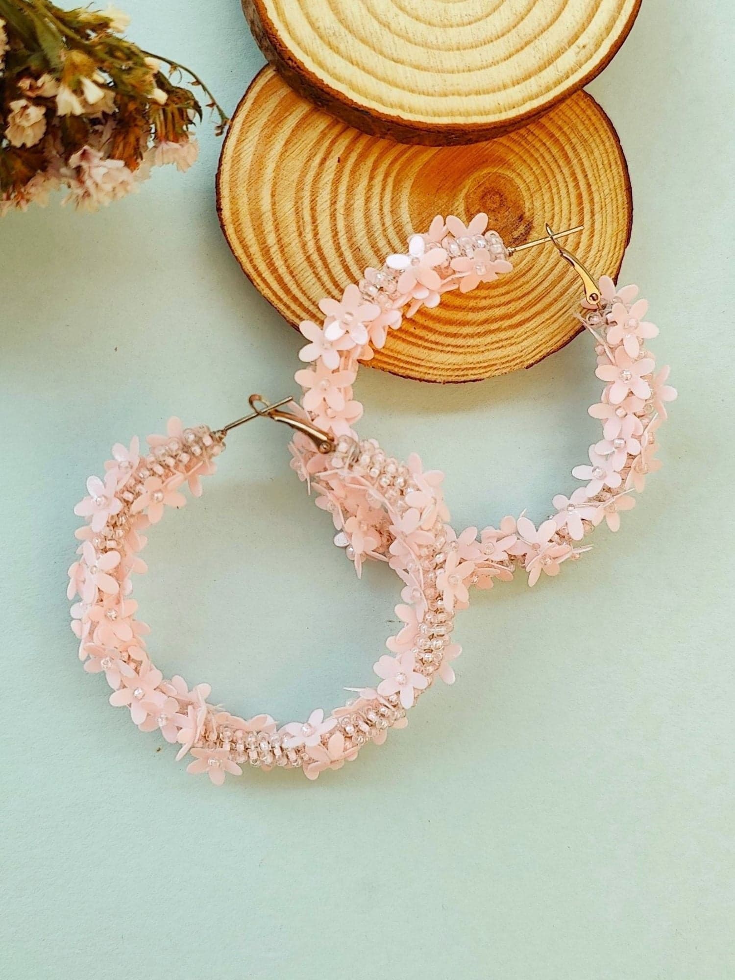 Handcrafted Baby Pink Floral Beaded Hoop Earrings for Chic, Quirky Style