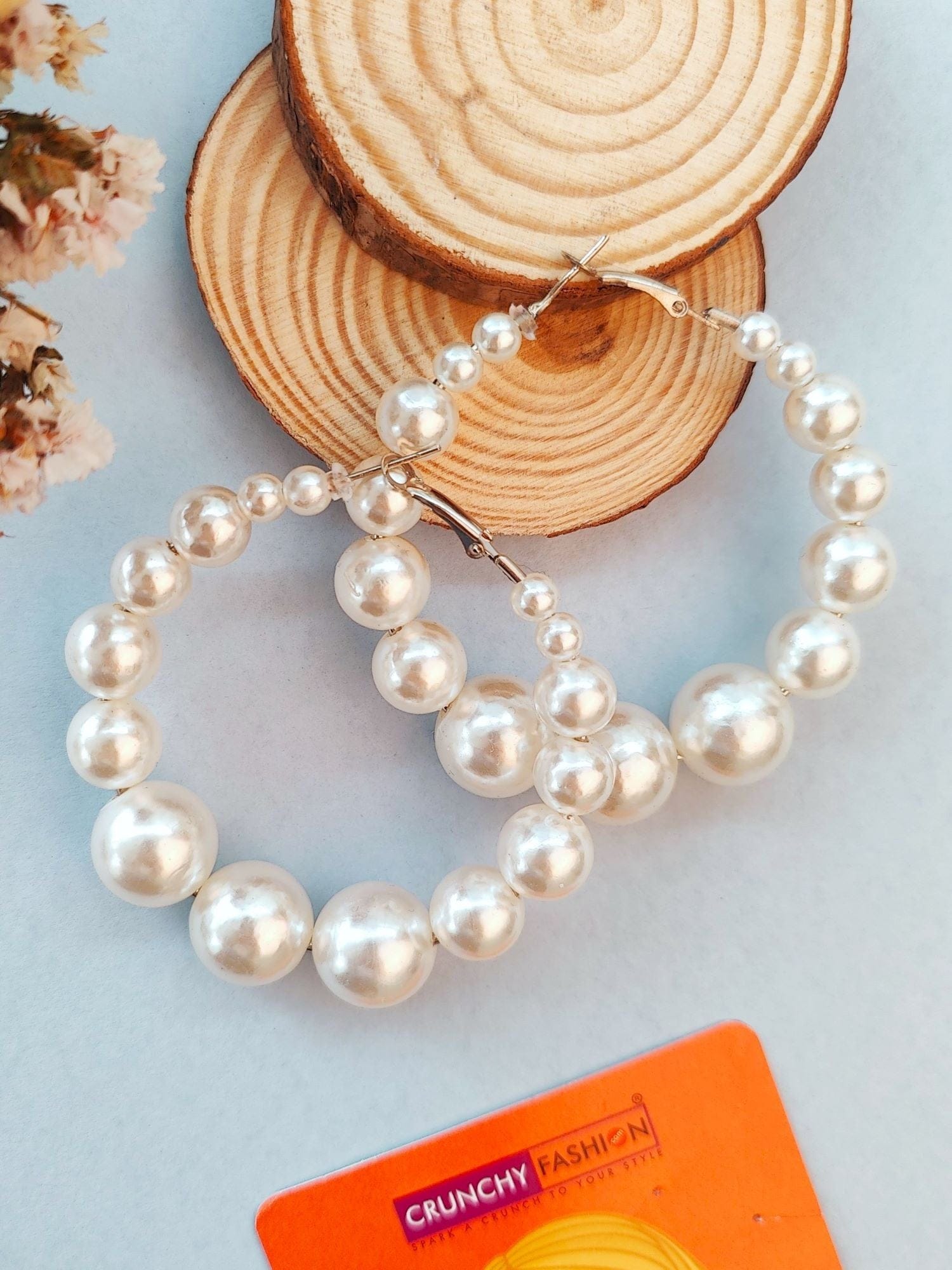 White Stone & Pearl Hoop Earrings – Handcrafted Statement Jewelry for Bold Style