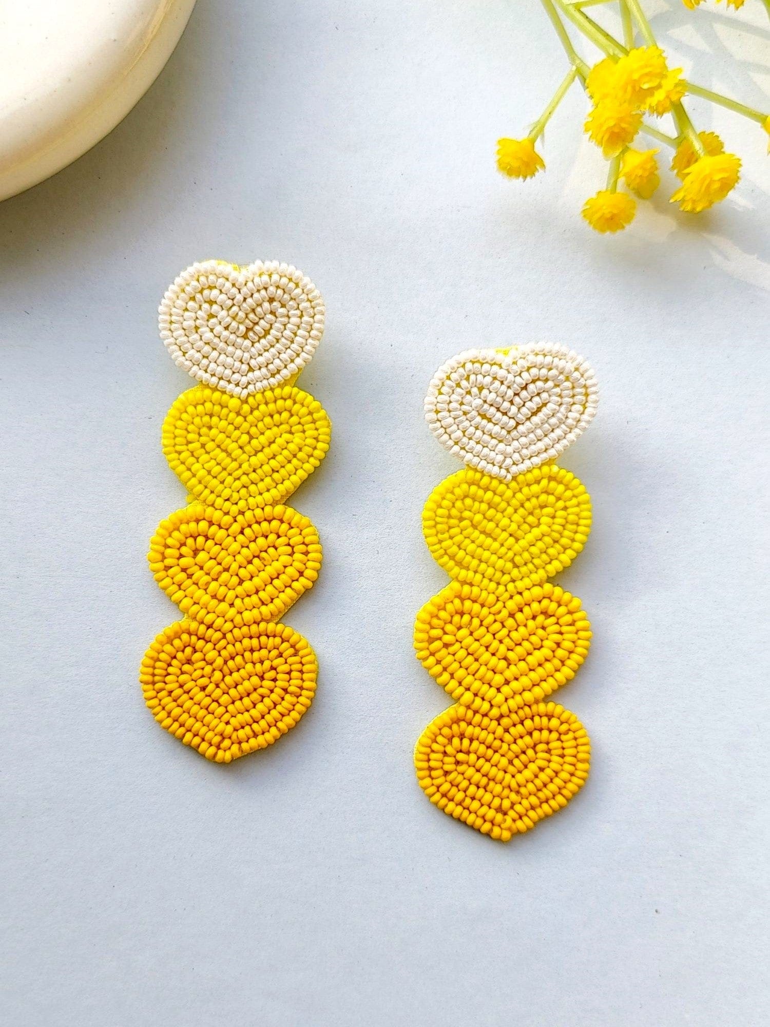 Handmade Beaded Boho Heart Earrings, Yellow-Orange Jewelry for Women & Girls