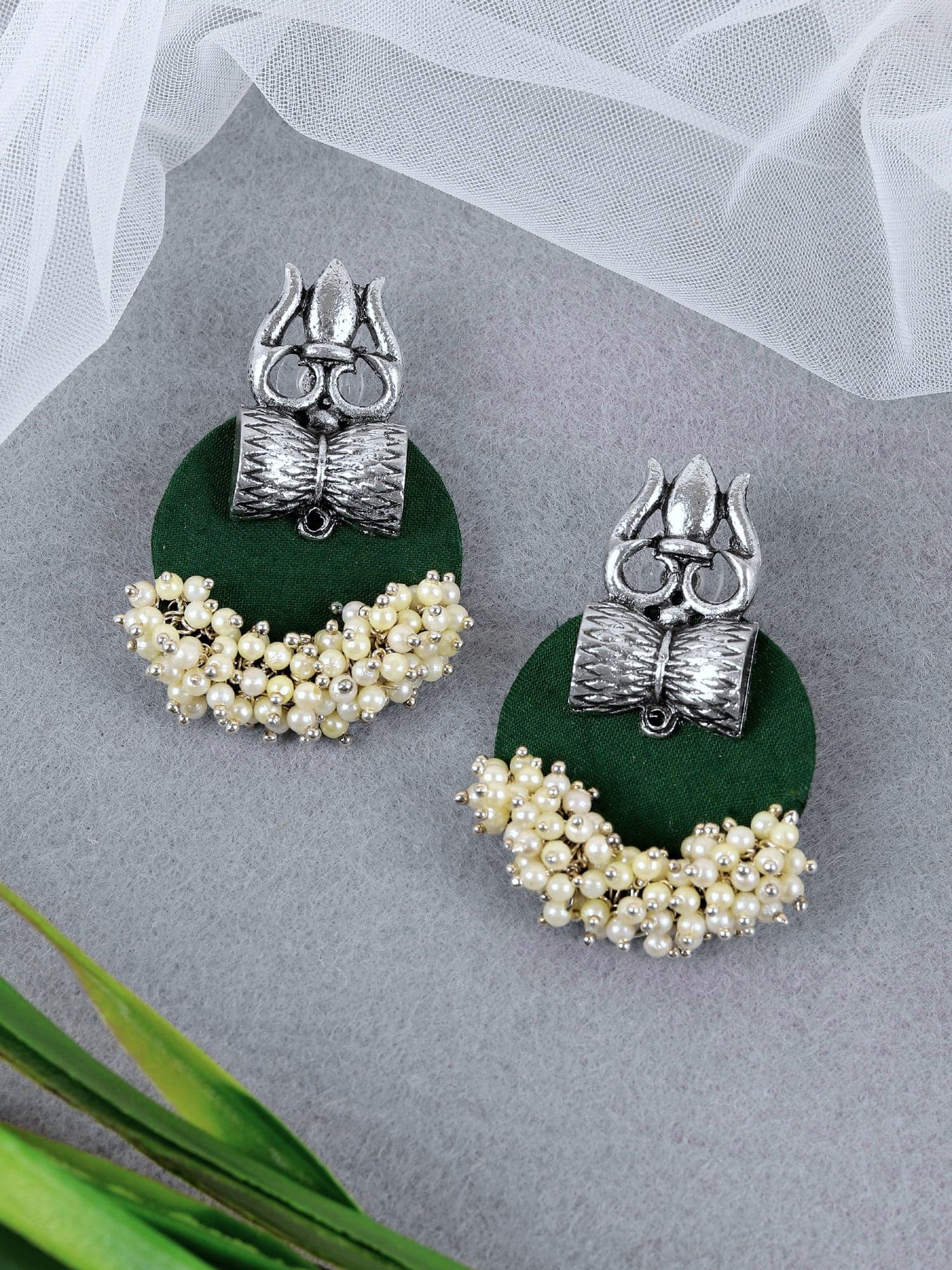 Handmade Trishul Pearl Earrings, Oxidised Silver Sparkle Jewelry for Women - Unique Design