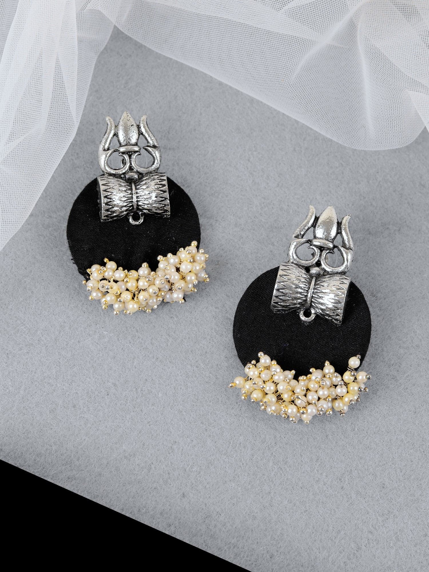 Oxidised Pearl Accents: Silver Mogra Flower Handmade Traditional Earrings
