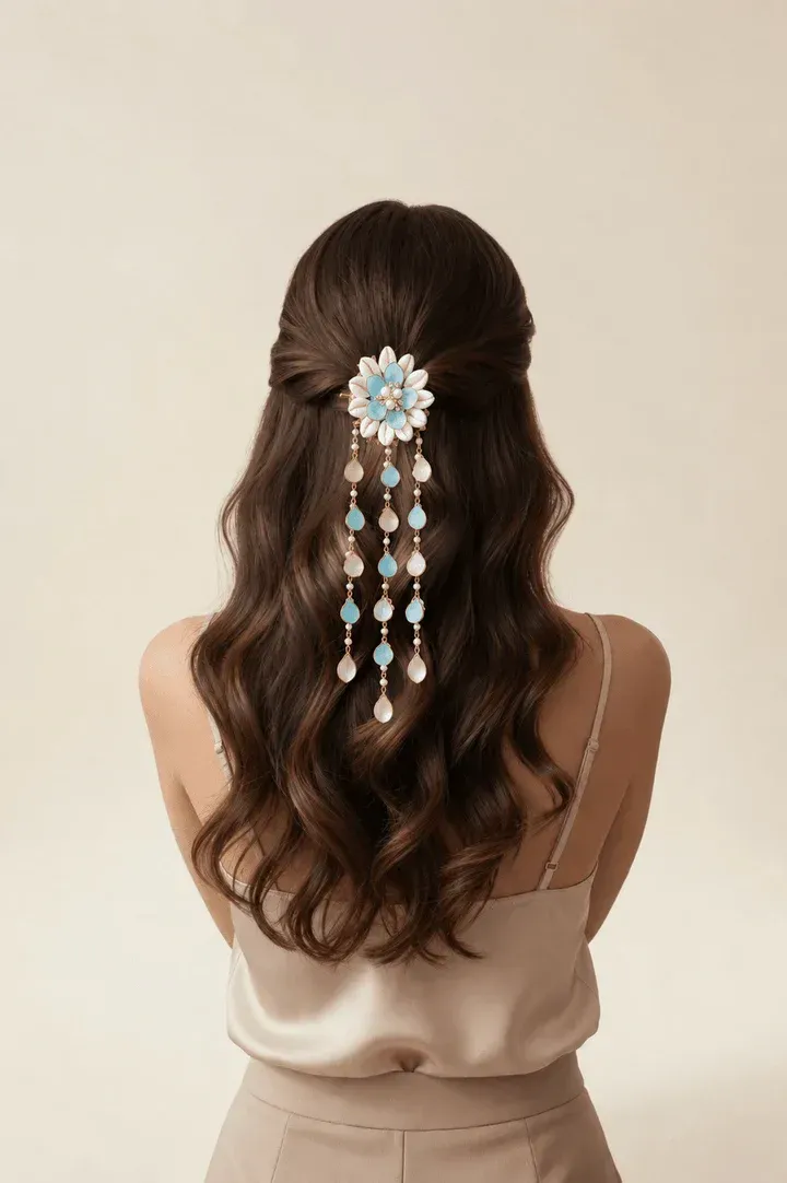 Handcrafted Sky Blue Shell, Pearl Hair Accessories for Women - Haldi, Mehendi Series