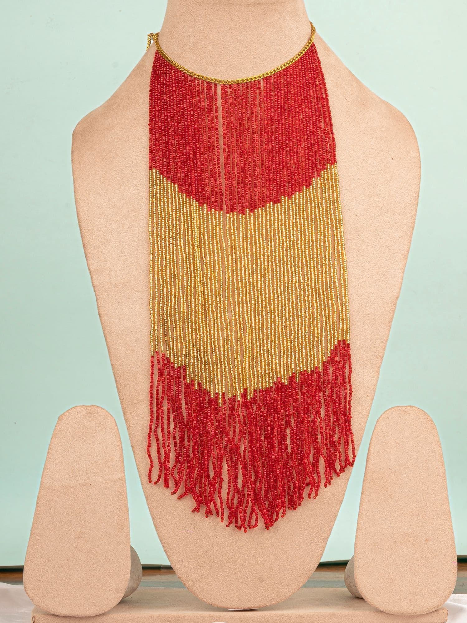 Fusion Elegance Red, Gold Beaded Necklace for Women - Handmade Statement Jewelry