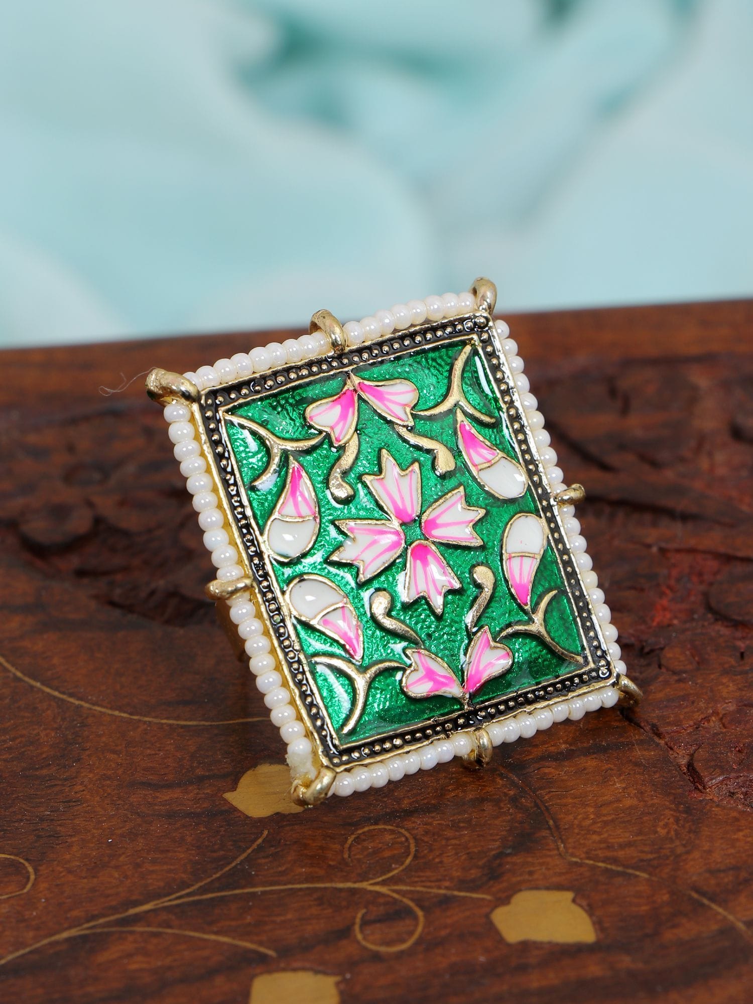 Gold Plated Green Meenakari Party Ring for Women | Unique Statement Jewelry