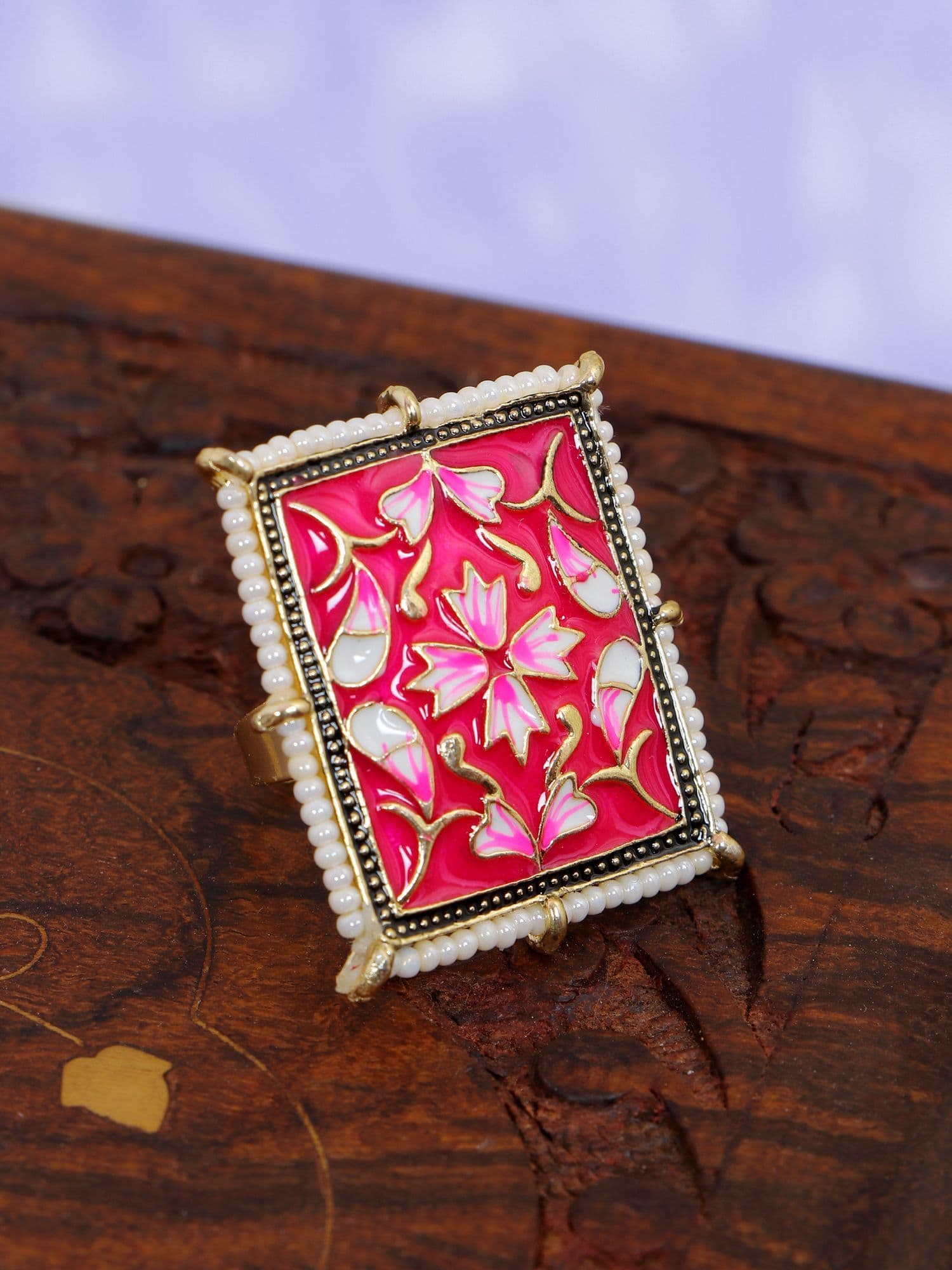 Party Perfect Pink Meenakari and Gold Plated Statement Rings for Women