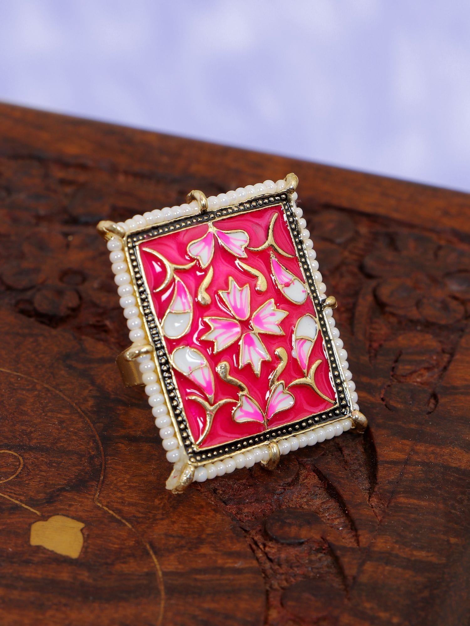 Party Perfect Pink Meenakari and Gold Plated Statement Rings for Women