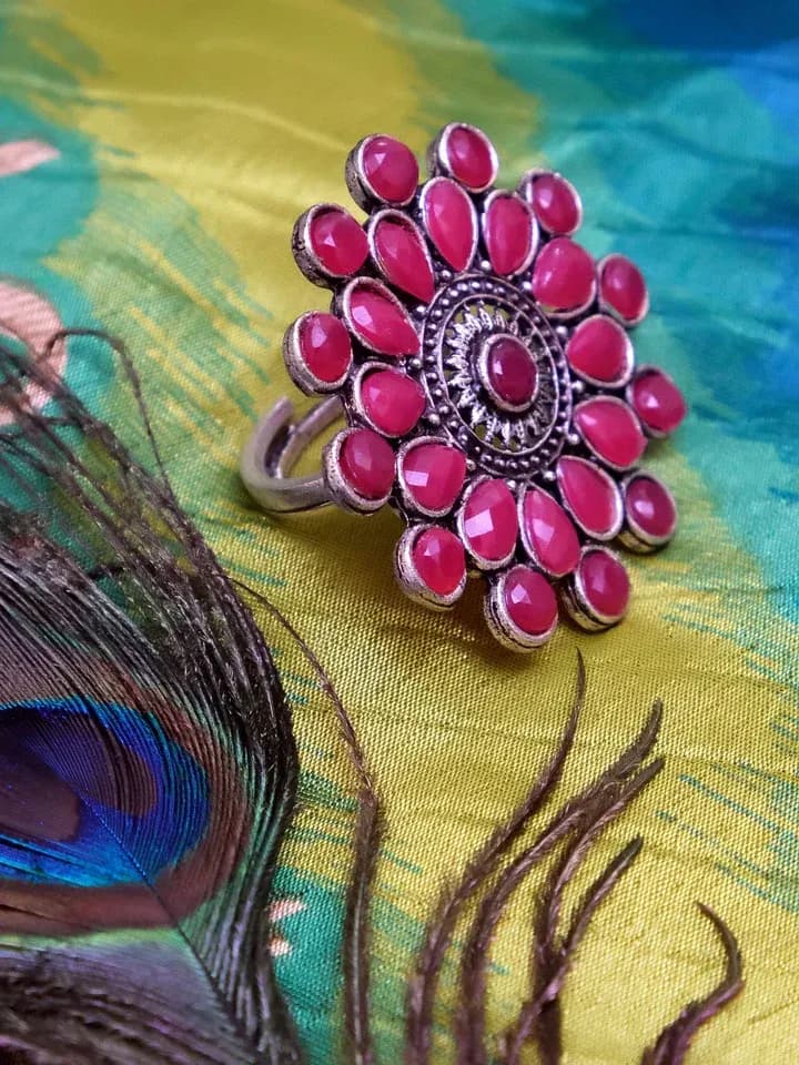 Boho Chic Oxidised Silver & Pink Crystal Ensemble Rings for Women