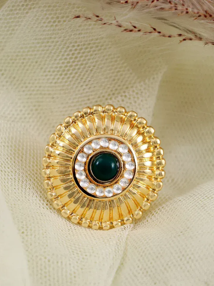 Green Crystal Elegance - Gold Plated Party Wear Rings with Floral Design