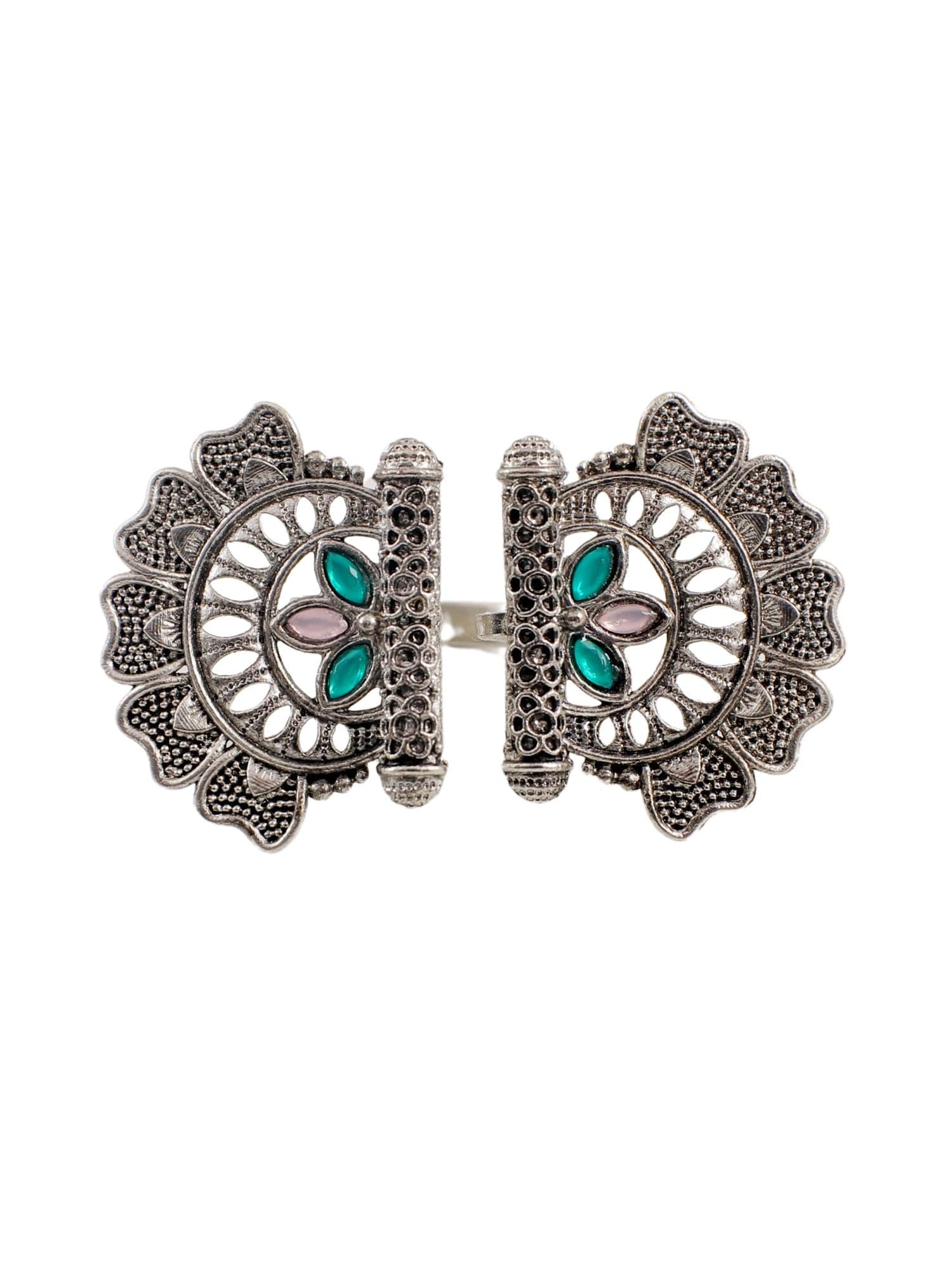 Embrace Elegance with Pink-Green Antique Oxidized Silver Statement Ring