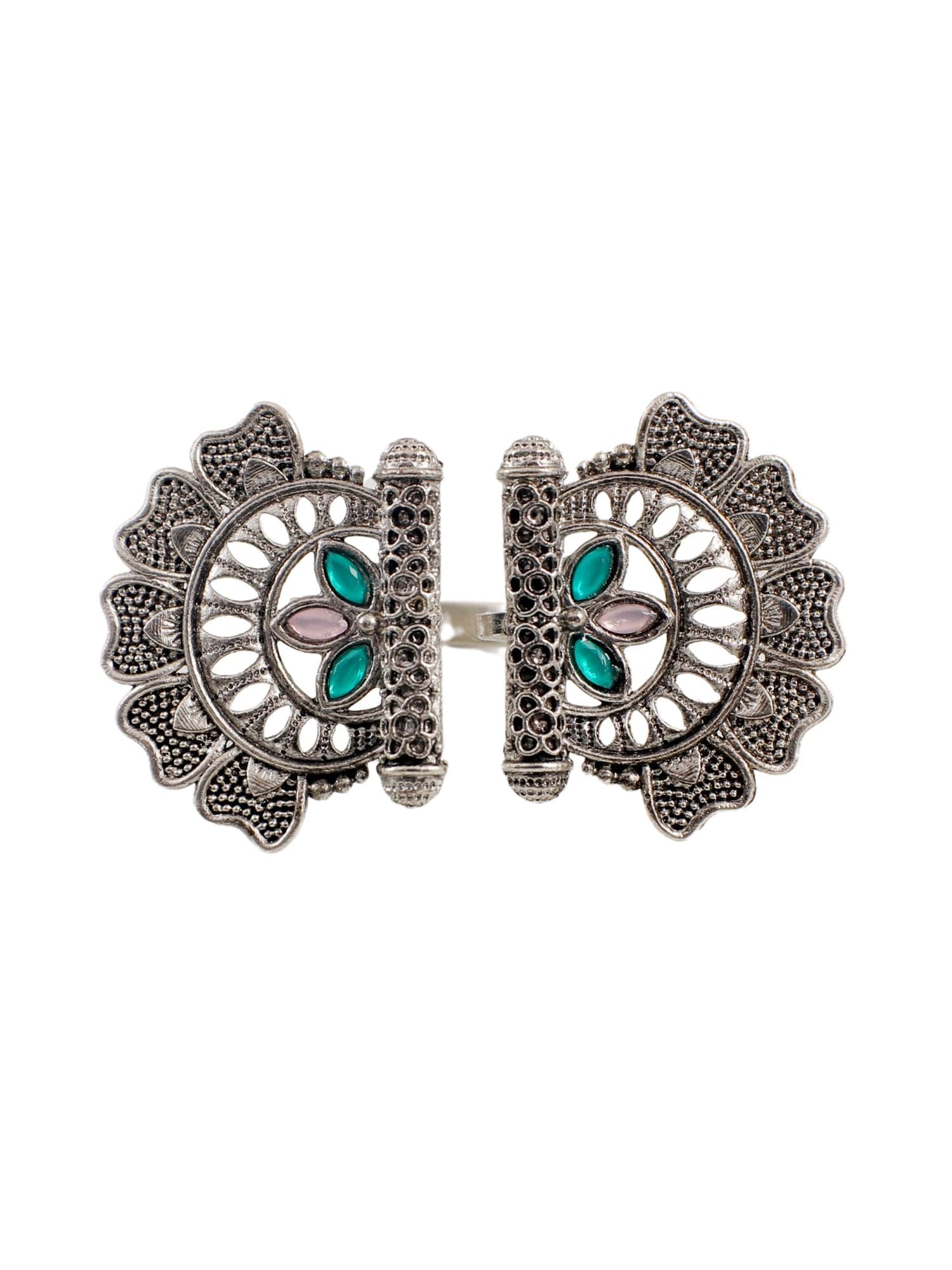 Embrace Elegance with Pink-Green Antique Oxidized Silver Statement Ring