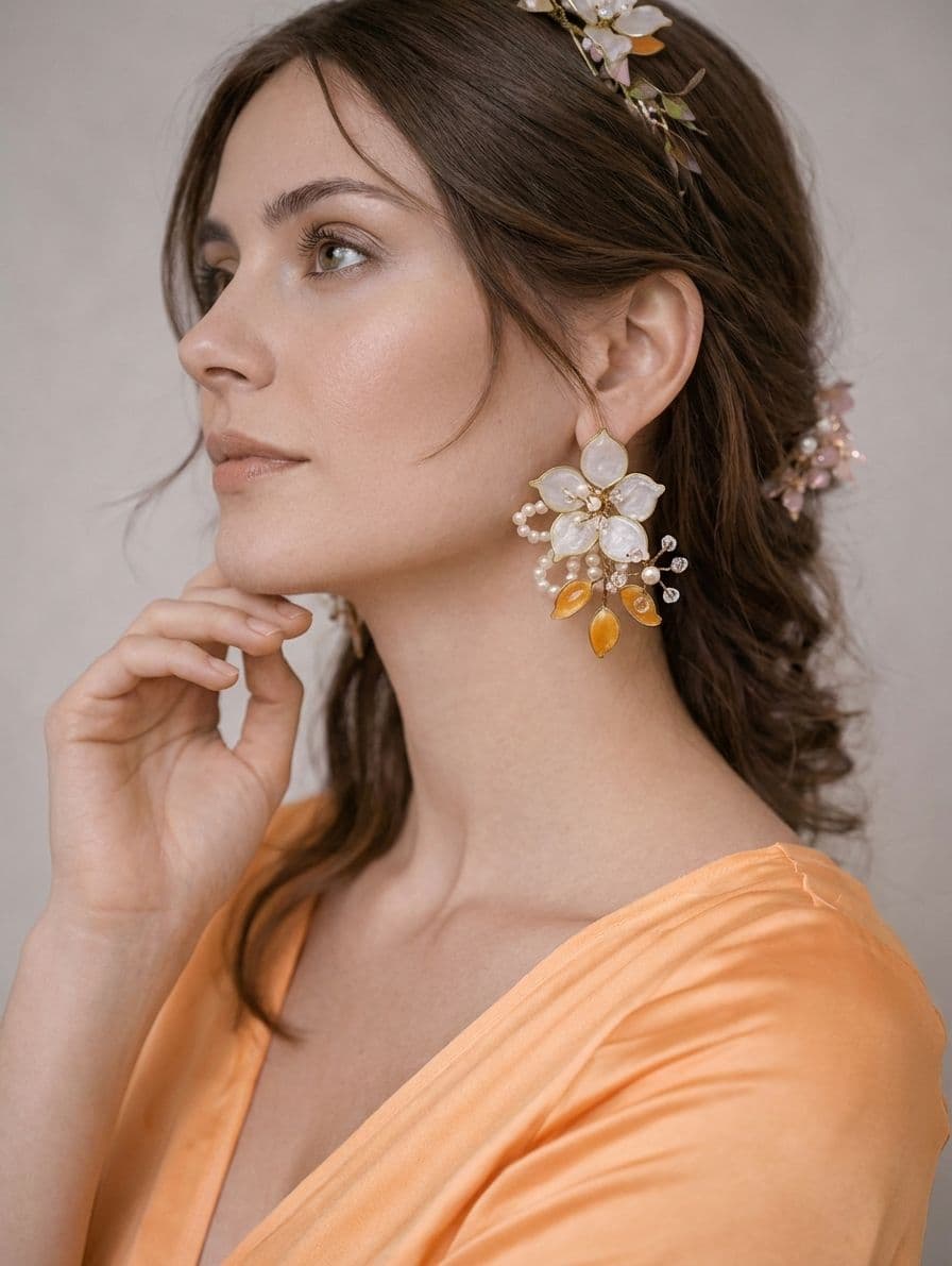 Resin Art Haldi Earrings: Handcrafted White-Gold Floral Elegance for Women