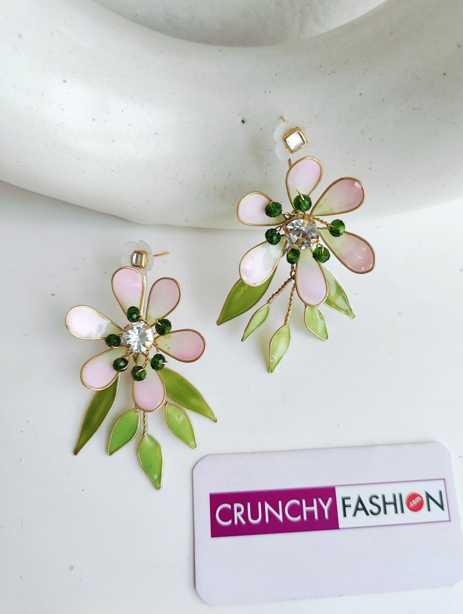 Radiant Green-Pink Resin Flower Earrings: Haldi Carnival Resin Jewellery