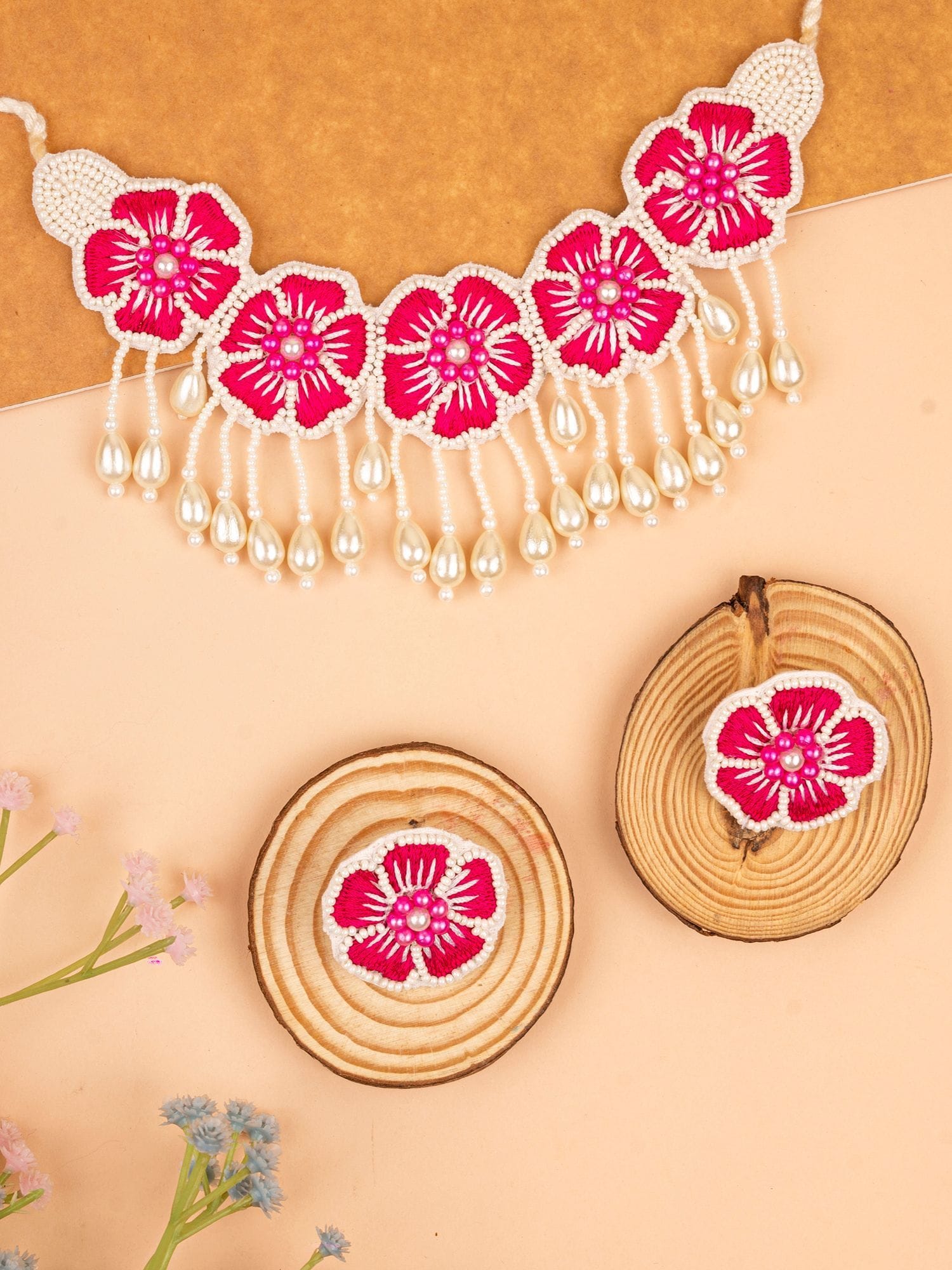 Blossom In Pink: Beaded Floral Jewellery Set for Women