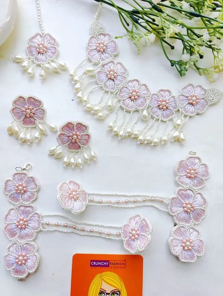 Chic Baby Pink Beaded Floral Choker: Customised Bridal Haldi Jewellery Set
