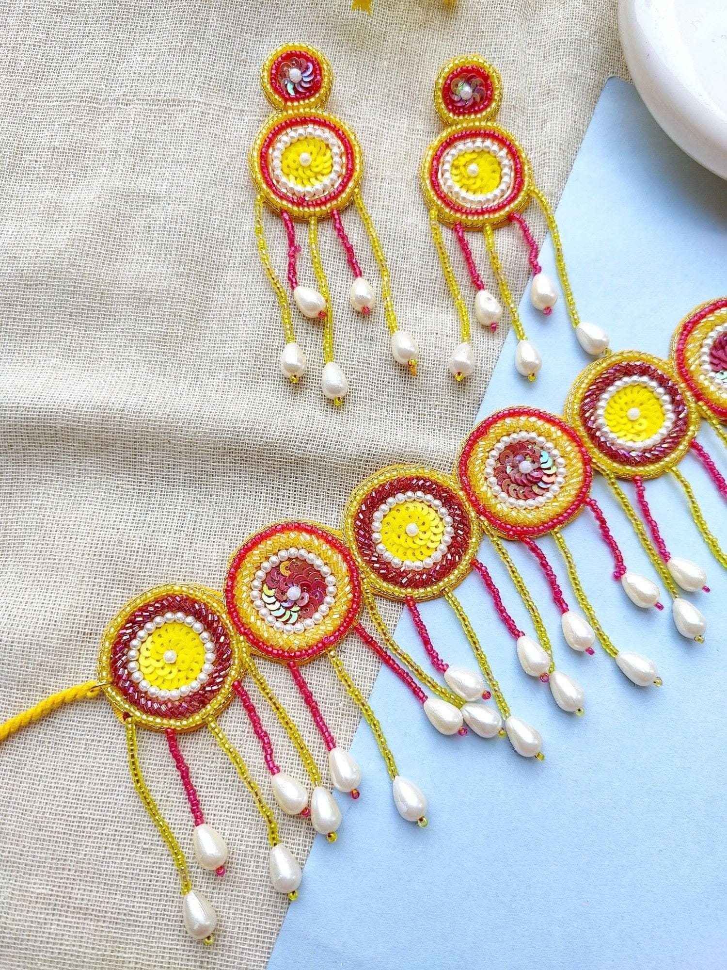 Handmade Yellow & Red Beaded Choker Jewellery Set for Wedding Functions