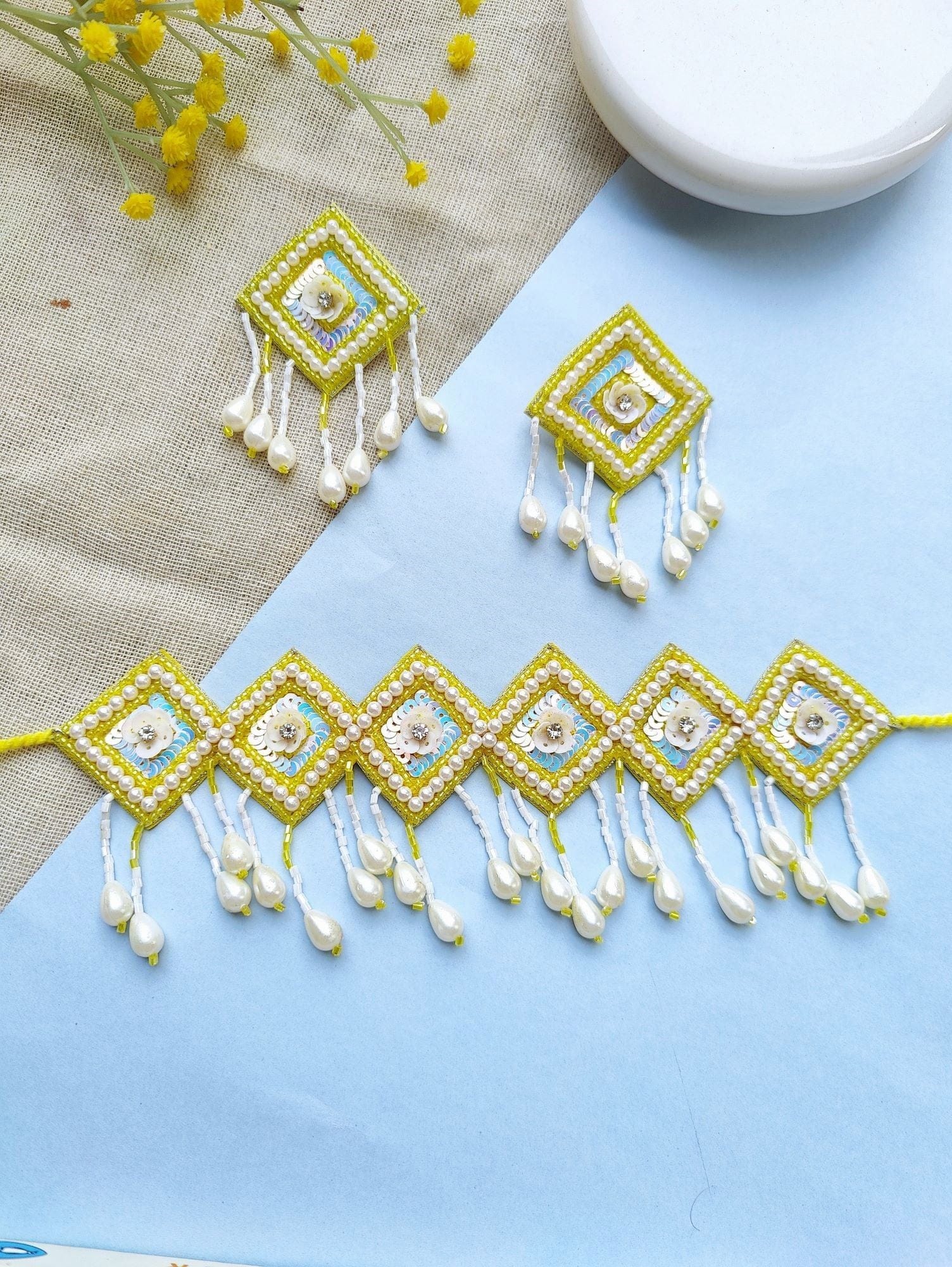 Handcrafted Yellow Beaded Haldi-Mehndi Jewellery Set