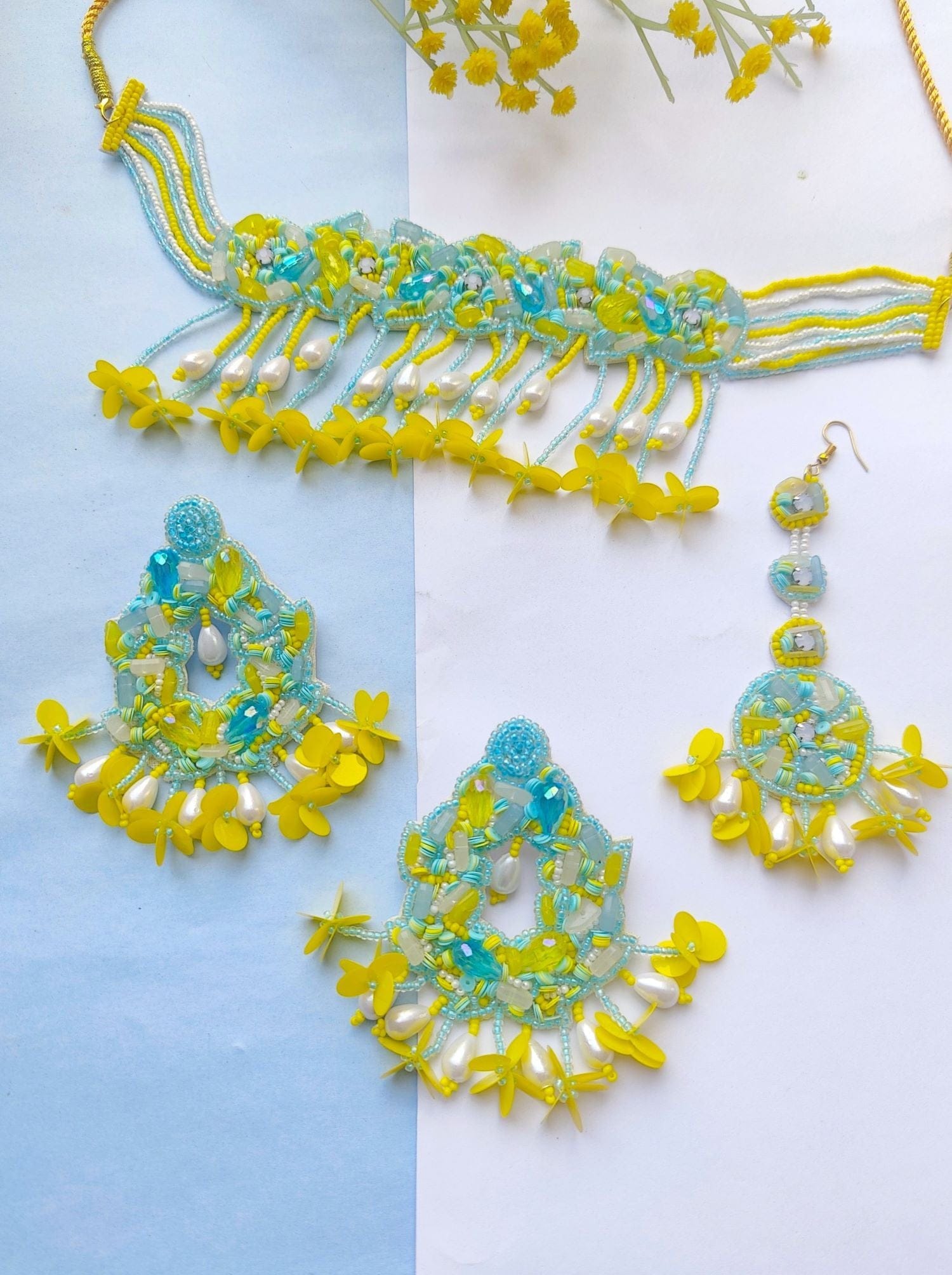 Bespoke Sky Blue-Yellow, Handmade Beaded Floral Haldi Jewelry Set