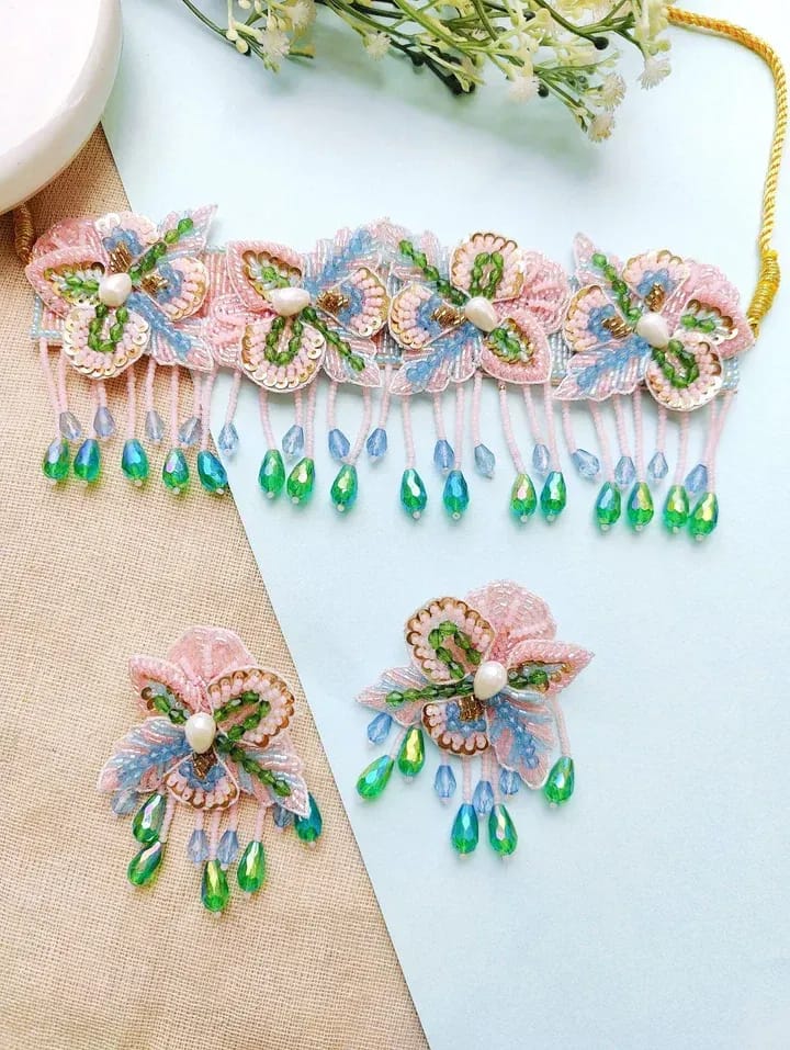 Cherishing Baby Pink-Green Flower Haldi & Mehndi Jewelry Set