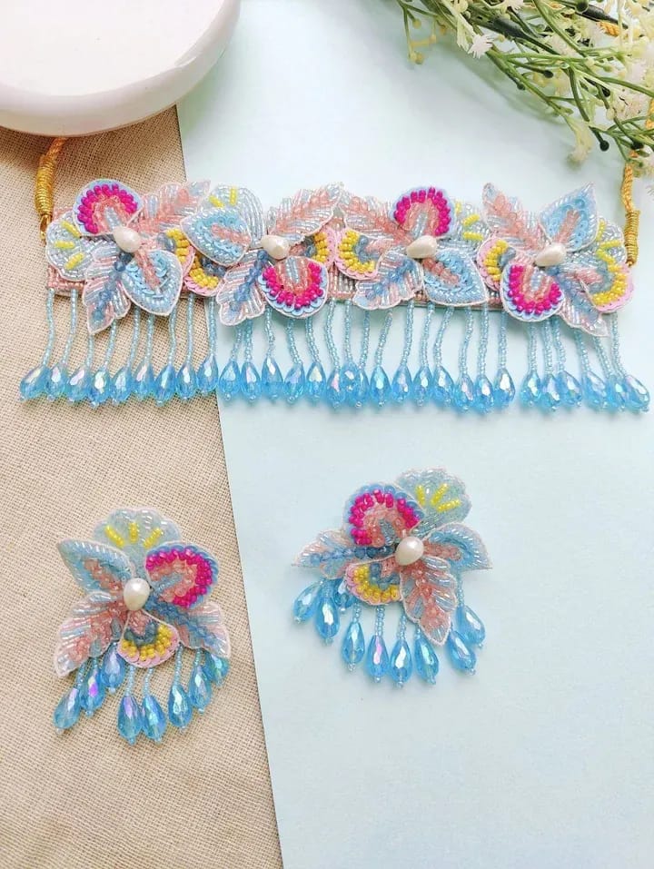 Baby Pink-Sky Blue Floral Haldi-Mehndi Handmade Bridal Jewellery Set