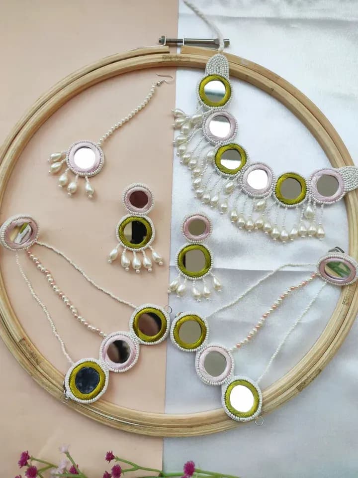 Handcrafted Baby Pink-Green Mirror Necklace for Haldi Celebrations