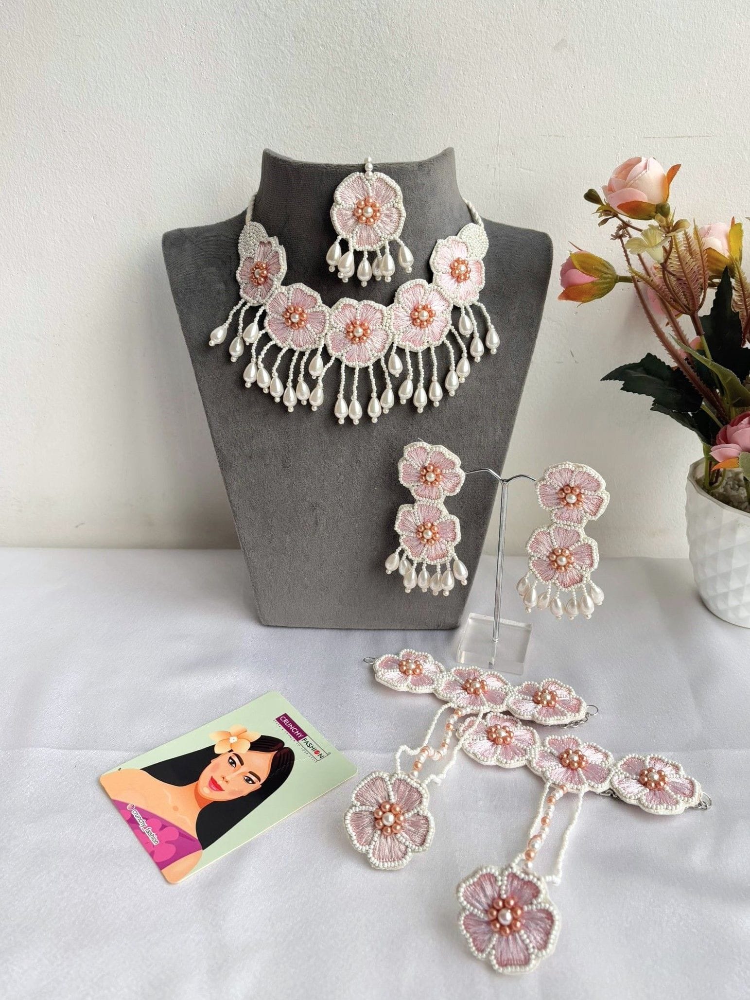 Baby Pink Blossom Floral Haldi & Mehndi Bridal Jewelry Set