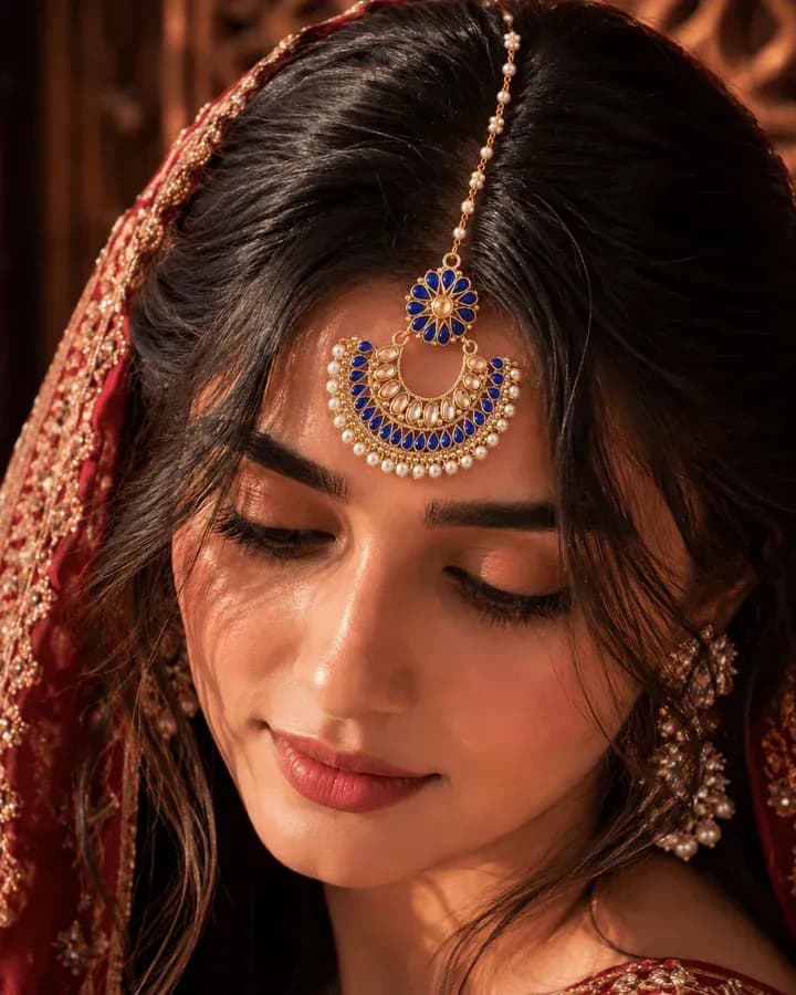Contemporary Tribute: Gold Maang Tikka with an Innovative Head Tikka Design