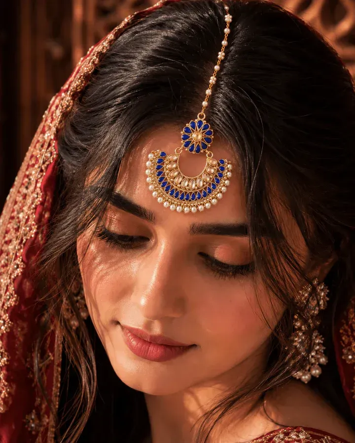 Contemporary Tribute: Gold Maang Tikka with an Innovative Head Tikka Design