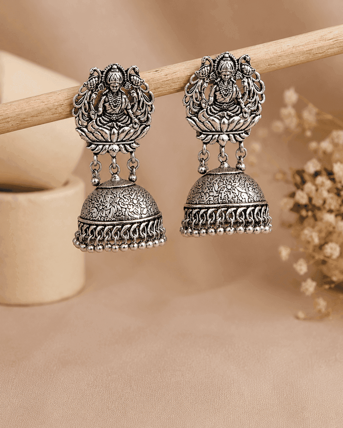 Lakshmi Grace Oxidized German Silver Jhumka Earrings, Traditional Indian Jewelry