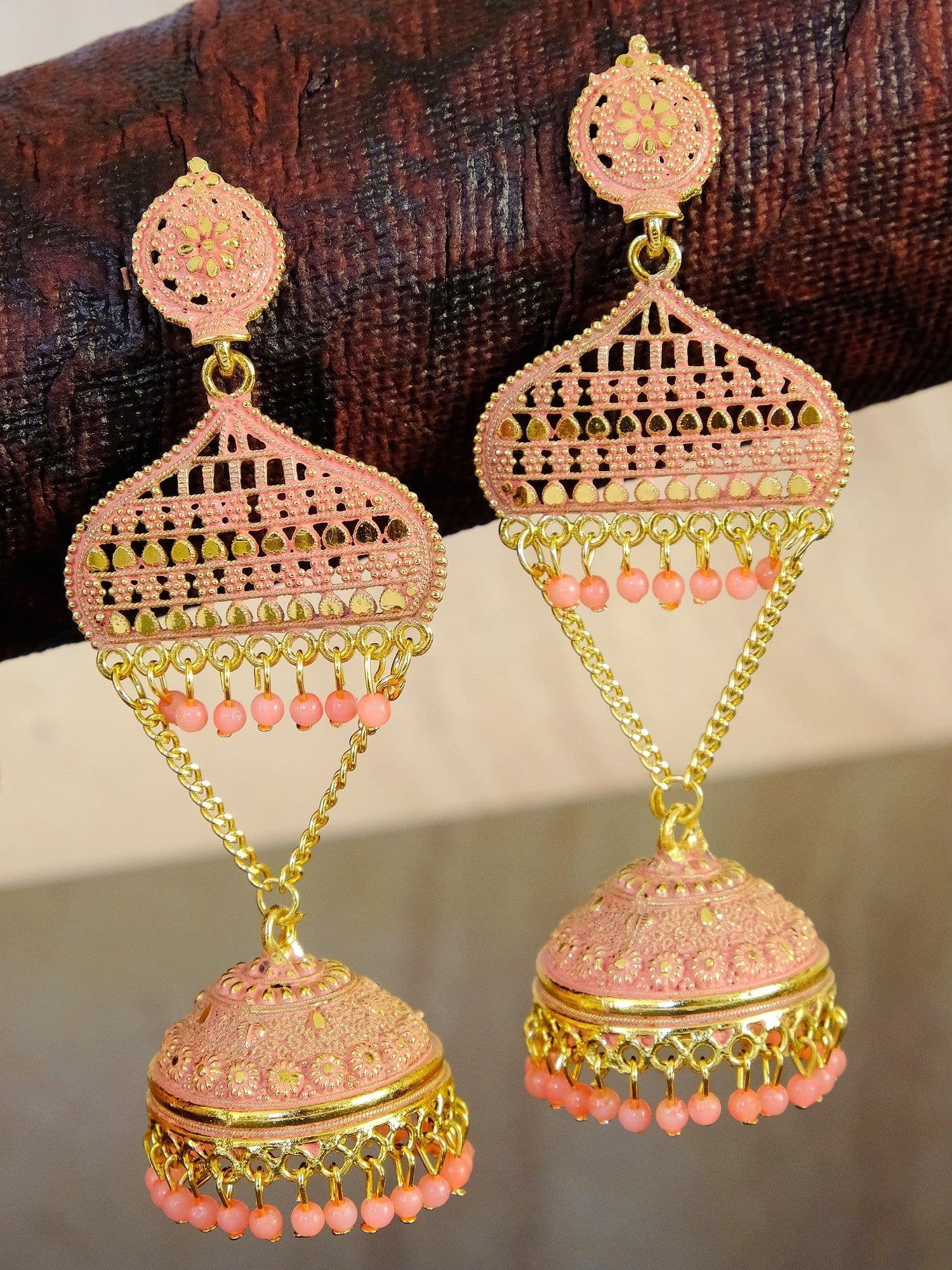 Traditional Gold Plated Pink Jhumkas - Elegance Redefined