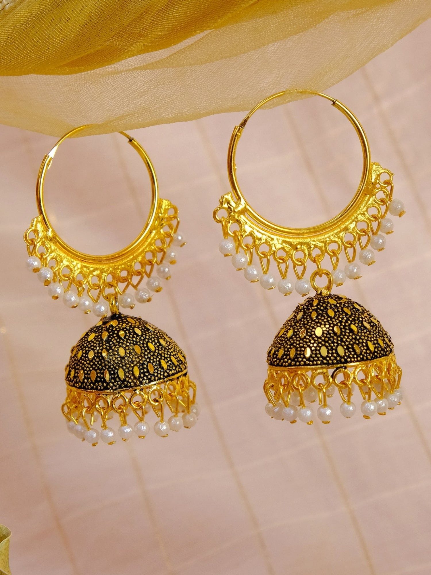 Lustrous Gold-Plated Jhumka Earrings Delicately Oxidised