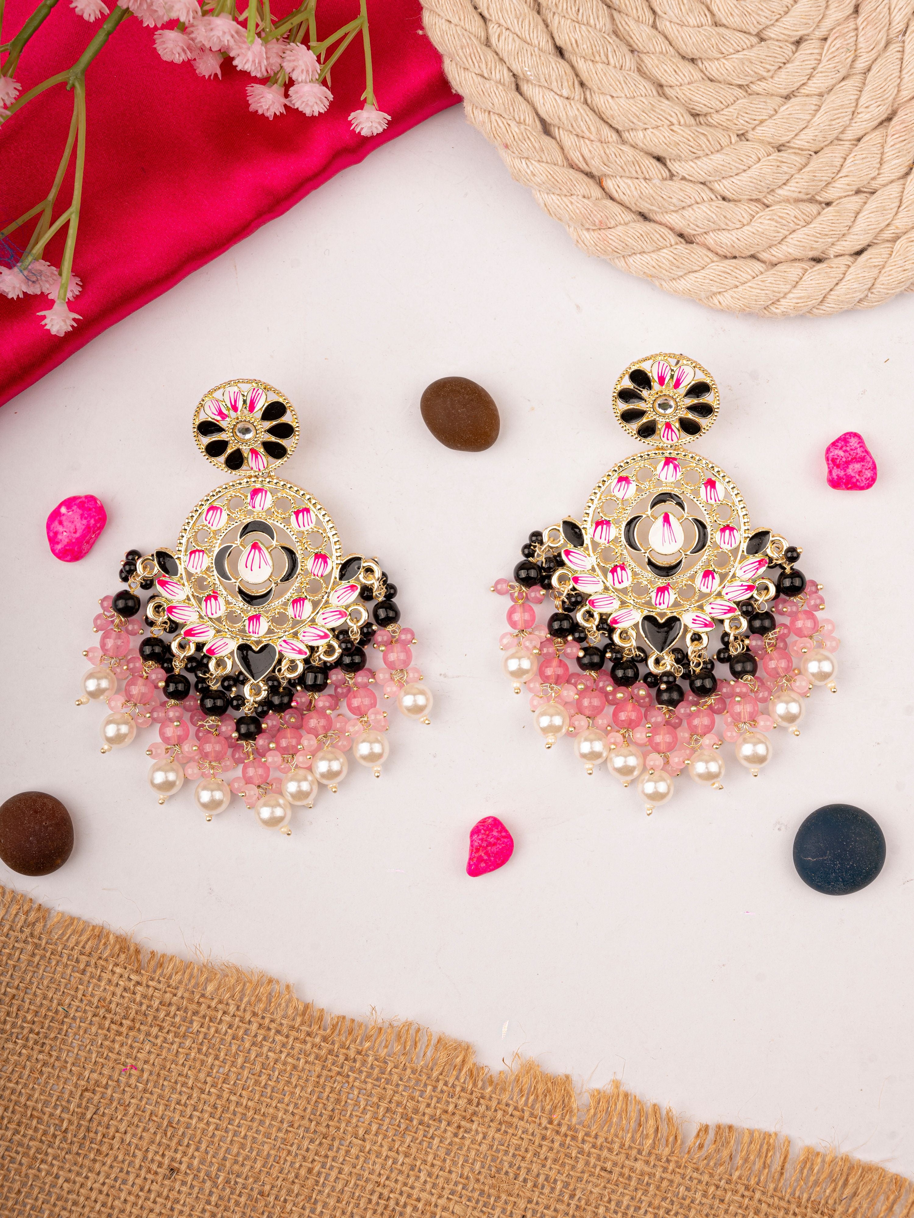 Sparkling Fusion Black Pink Gold Plated Indian Chandbali Earrings for Festivals & Parties