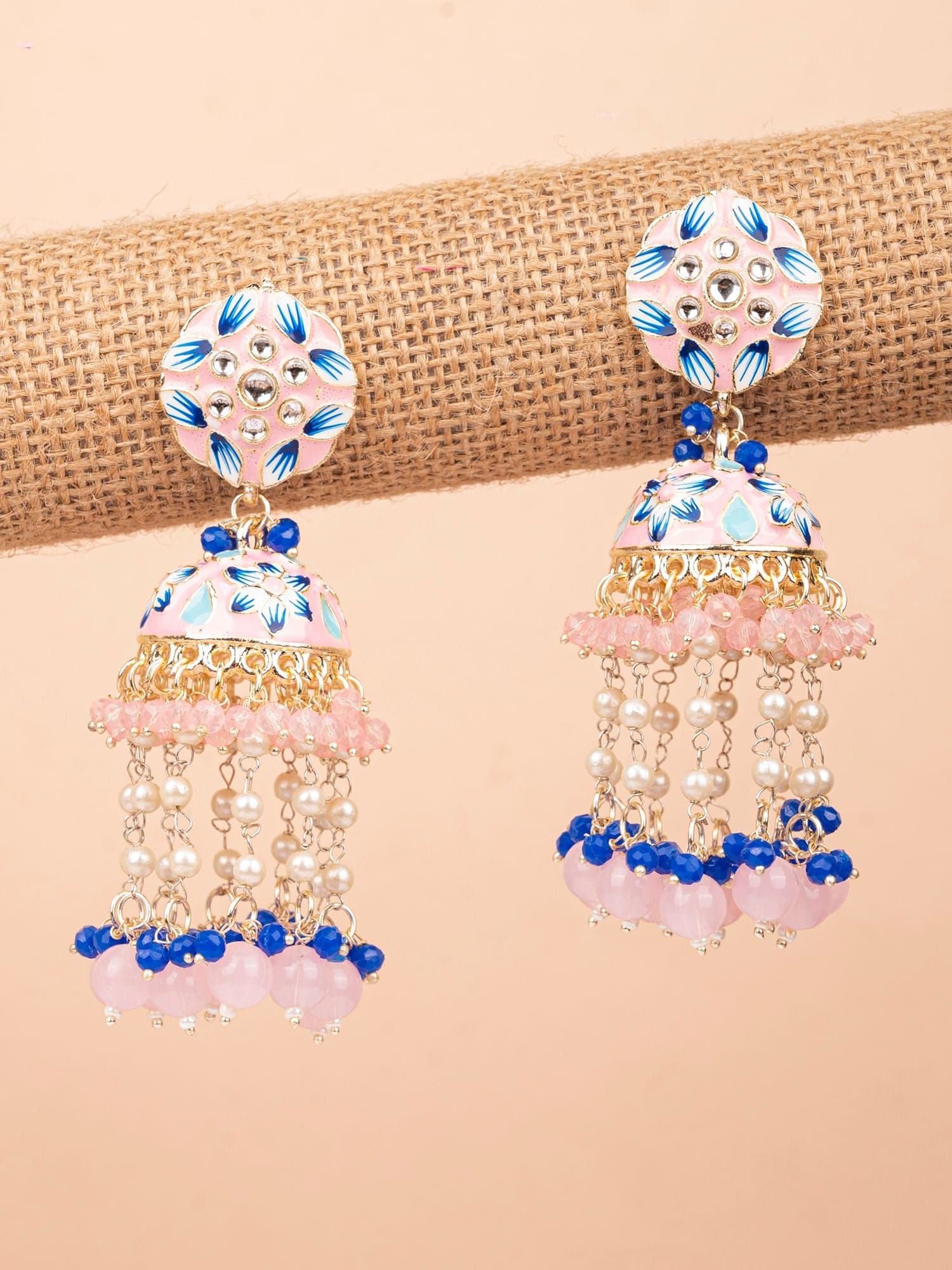 Elegant Meenakari Jhumka Earrings with Baby Pink Pearl Beads for Women, Floral Design