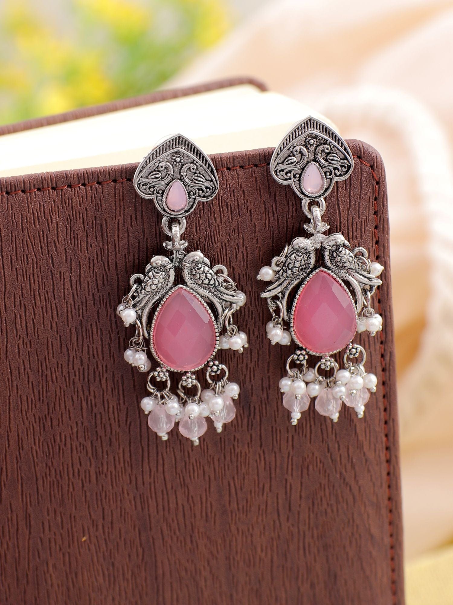 Ethereal Pink Beads Oxidized Silver Drop Earrings for Women | Boho Statement Jewelry