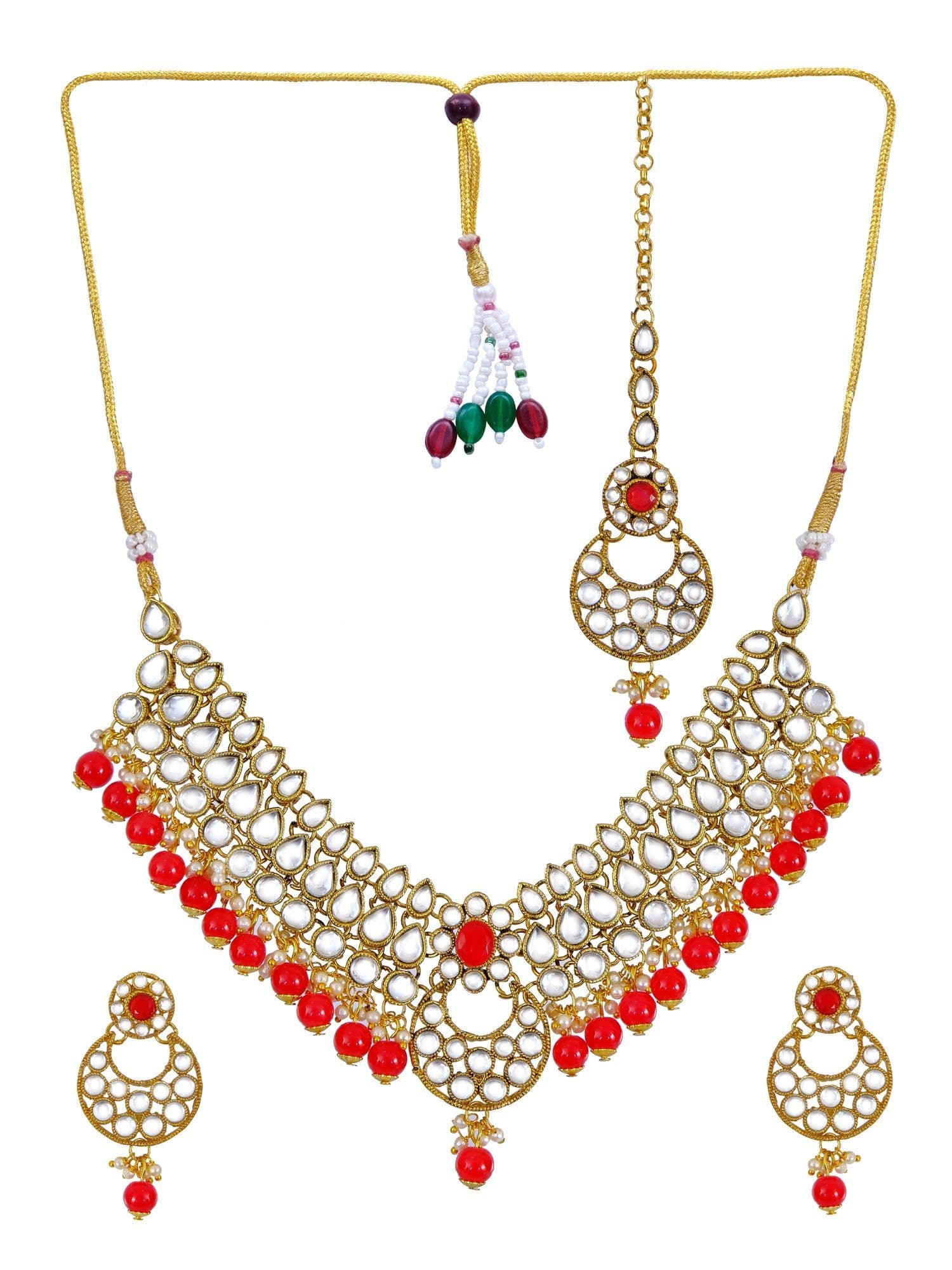 Traditional Red-Green Kundan Maharani Set, South Indian Style Gold Plated Lightweight Jewelry for Women