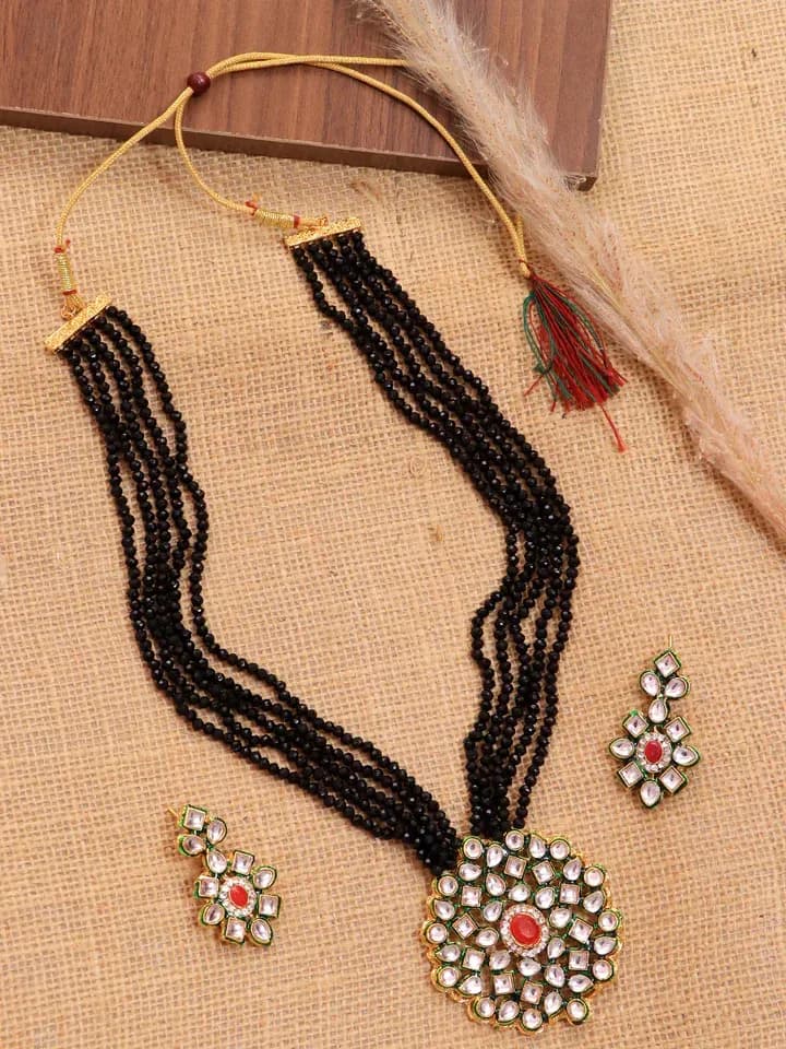 Antique Pearl, Stone Bridal Necklace Set with Long Beads, Earrings for Women Wedding