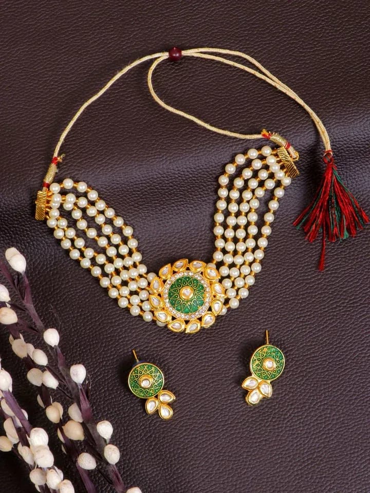 Romantic Kundan, Pearl Choker Necklace Set for Women - Perfect Bridal Wedding Jewelry