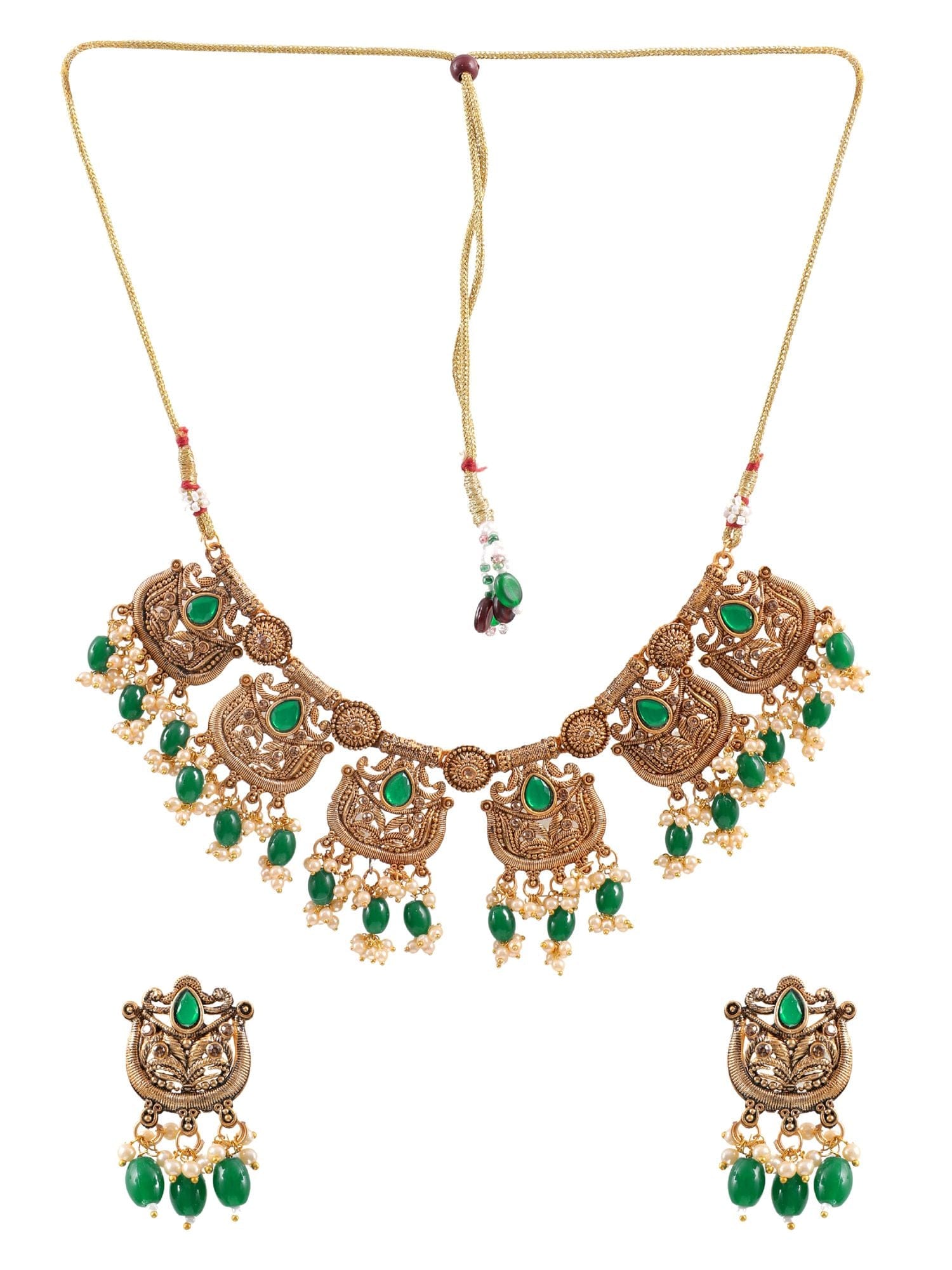 Antique Gold Gleam: Necklace set with Green Pearl Drops